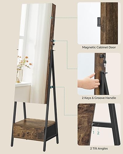 Miniatura 8 de SONGMICS Espejo LED de pie armario con cerradura con espejo de longitud completa organizador de joyas que ahorra espacio cajón inferior y estante