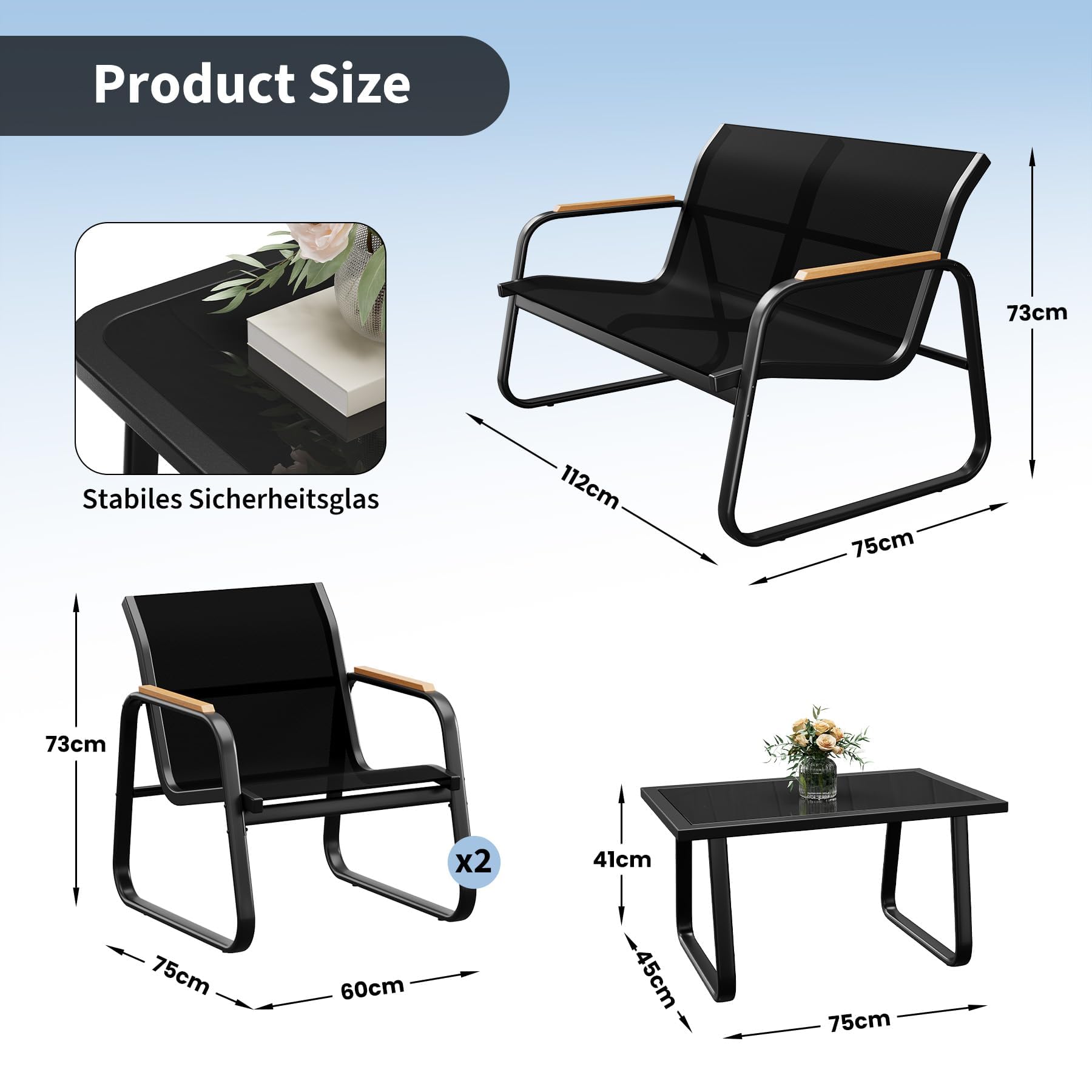 4 Teiliges Outdoor Gartenmöbel Set, Sofa, 2 Sessel & Glastisch Langlebig | Aus Stahl ,Wetterfestes Von Balkonmöbel,Für Garten, Balkon Oder Terrasse,Einfache Montage