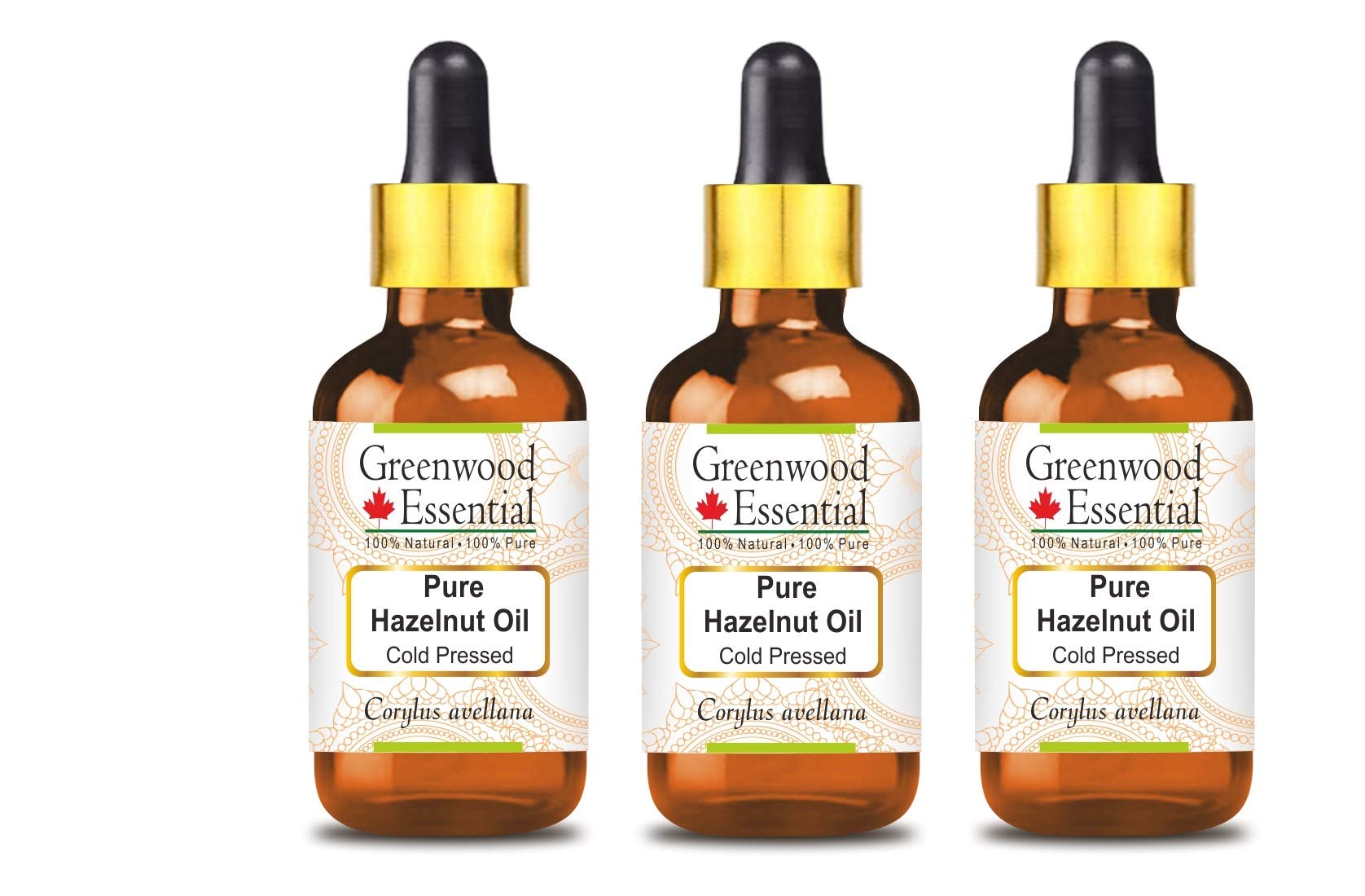 Greenwood Essential Huile de noisette pure naturelle (Corylus avellana) avec compte-gouttes en verre pressée à froid 100 ml x 3 (10 oz)