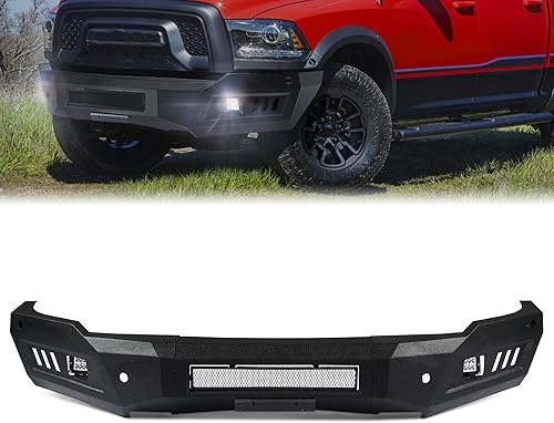 Miniatura 8 de Parachoques delantero todoterreno para RAM 1500 2013-2018, parachoques delantero de ancho completo 5 luces en D, barra de toro placa de cabrestante