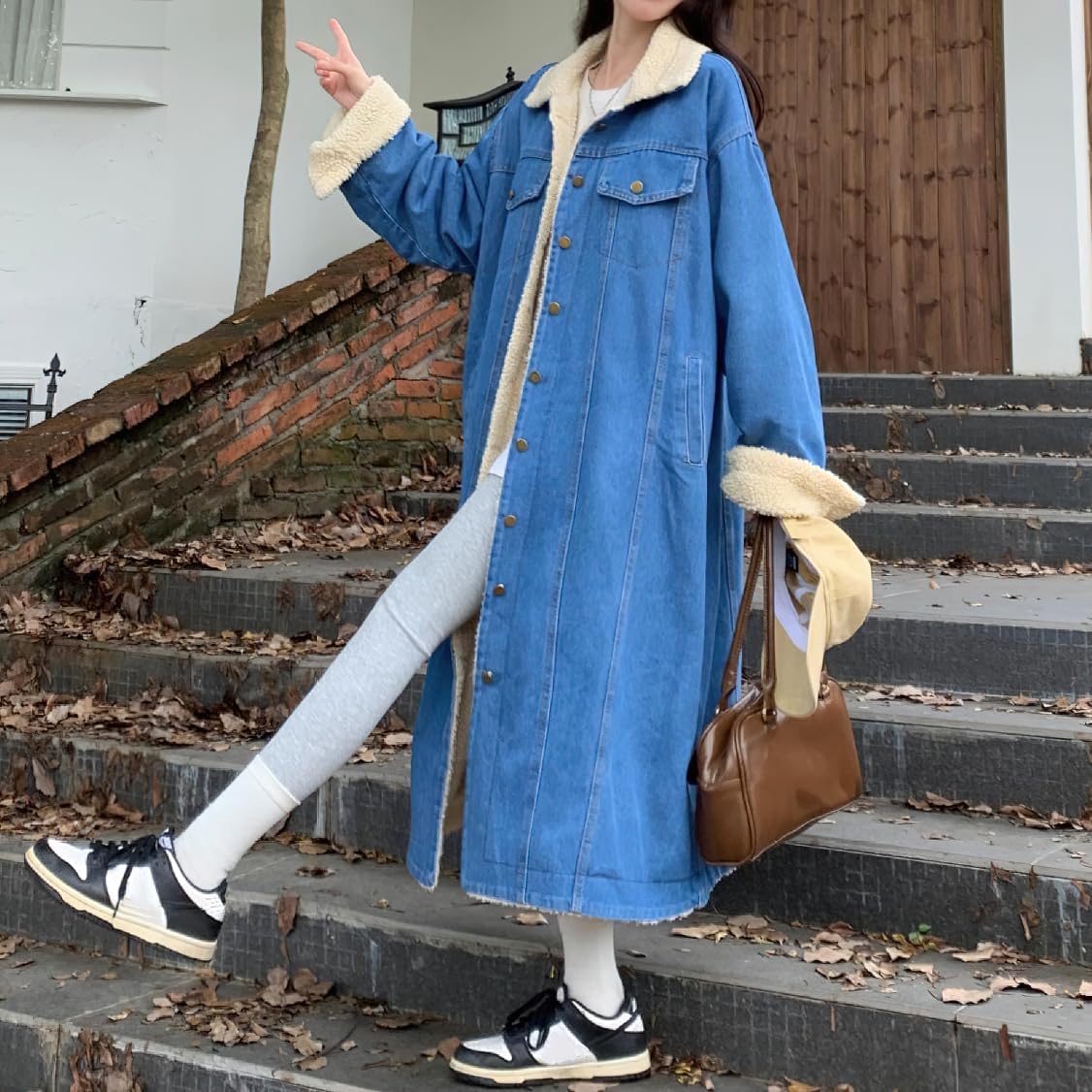 chouyatou Women's Warm Winter Windproof Sherpa Fleece Lined Long Denim Coat Trucker Jean Jacket Overcoat