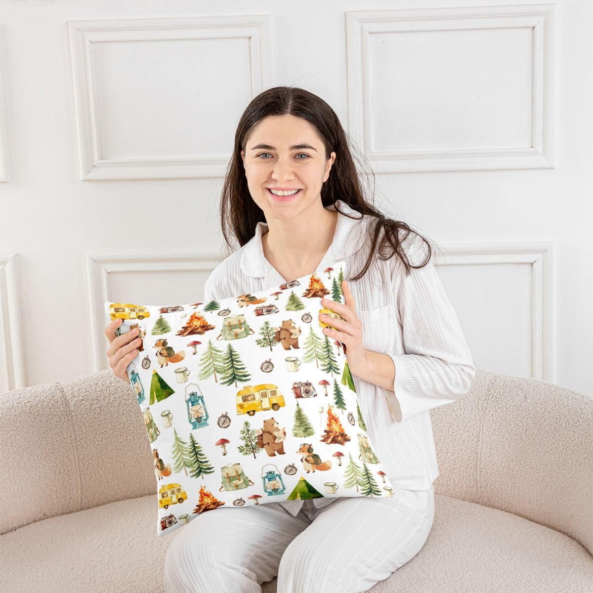 Happy Camping Throw Pillow Covers 22x22 Set of 2 for Boys Girls - Campfire Cartoon Adventure Pillow Covers Retro Camping Accessories RV Camper Cushion Cover Cute Woodland Animal Bear Fox Pillow Cases image 5