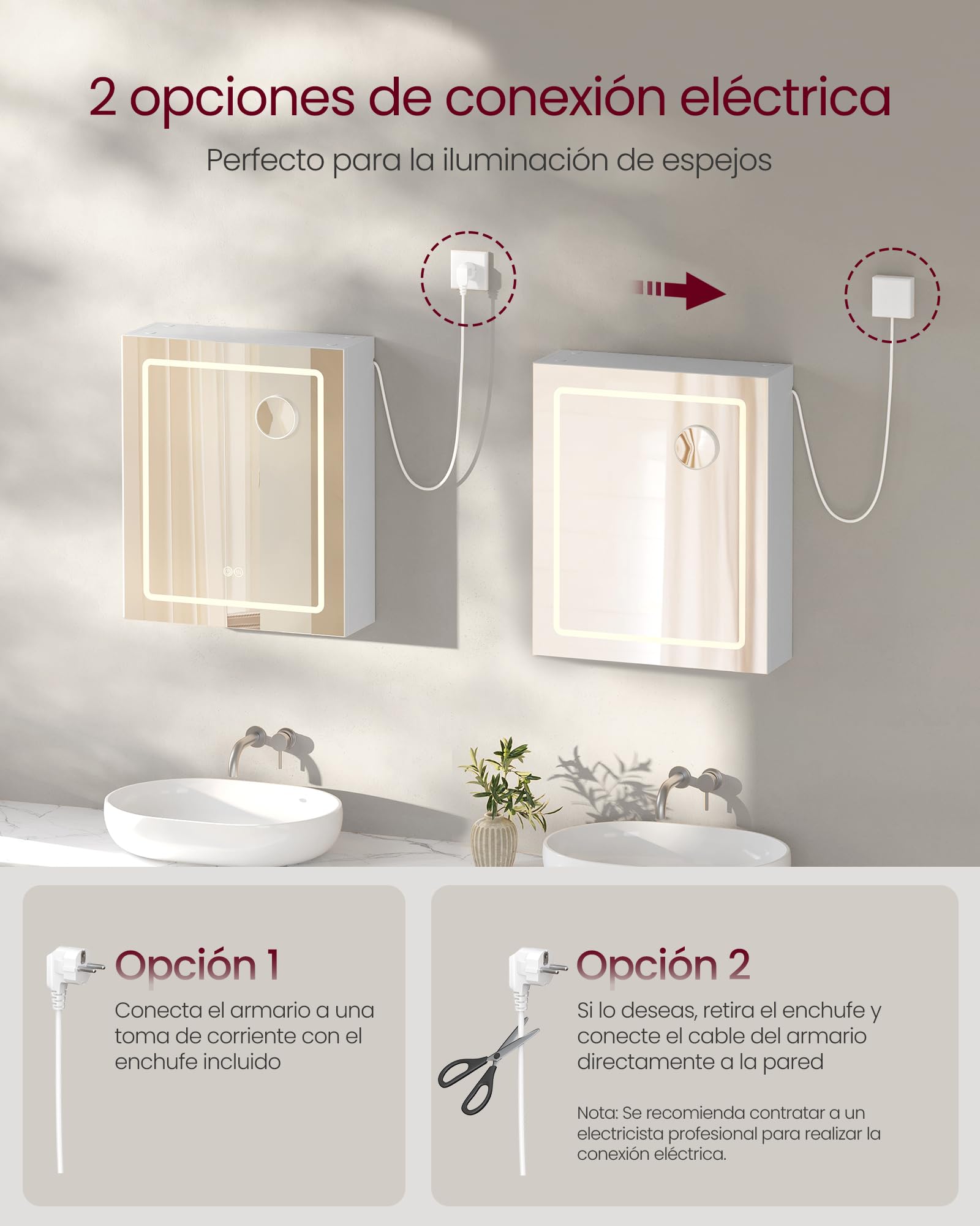 VASAGLE Kailyn Colección - Armario de Pared para Baño con Espejo, con LED, Multienchufe, Función Antivaho, Espejo de Aumento 10x, Estilo Moderno, 16,5 x 50 x 60 cm, Blanco BBK133W01