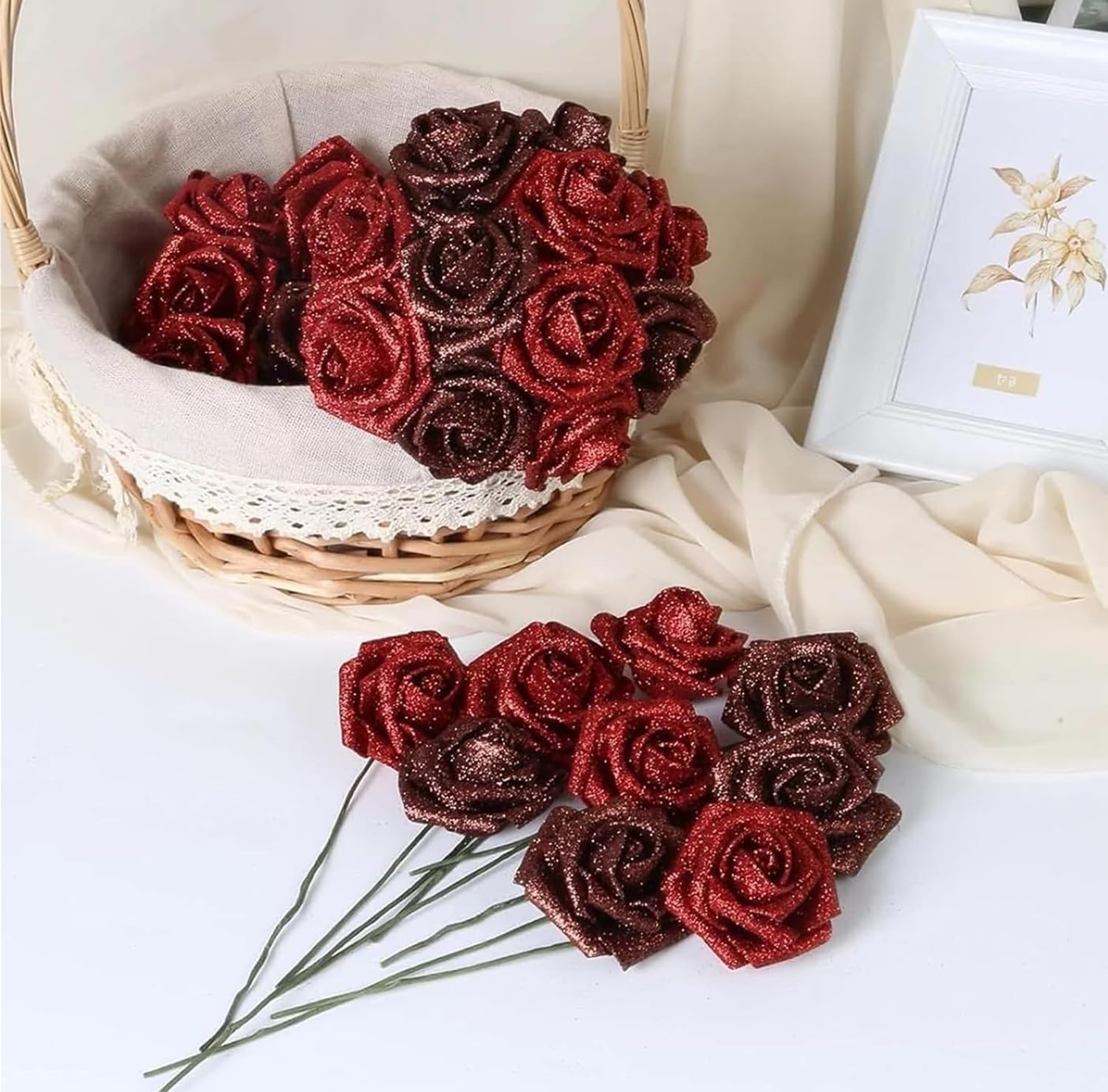 Glitzer-Rosenstrauß - (Selbstmontage), künstlicher Rosenblumenstrauß, ewig, glänzend, künstliche Rosen, Blumenstrauß, Liebesgeschenke für Valentinstag, Jahrestag, Verlobung (Red, 24Pcs)