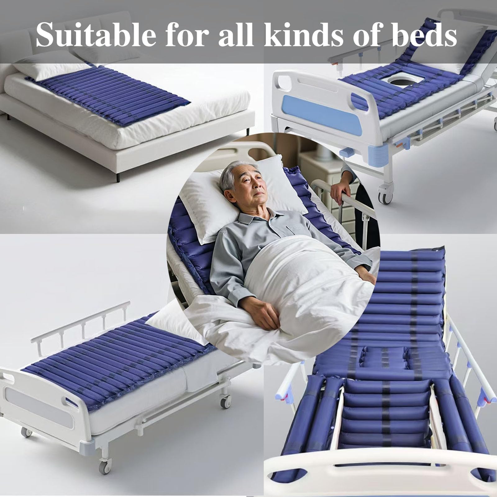 Generico Materasso Antidecubito con Pompa Silenziosa - Materasso A Pressione Alternata 195 X 90 Cm Impermeabile con Cuscino d'Aria per Letti Domestici e Ospedalieri Facile da Pulire,Dark Blue