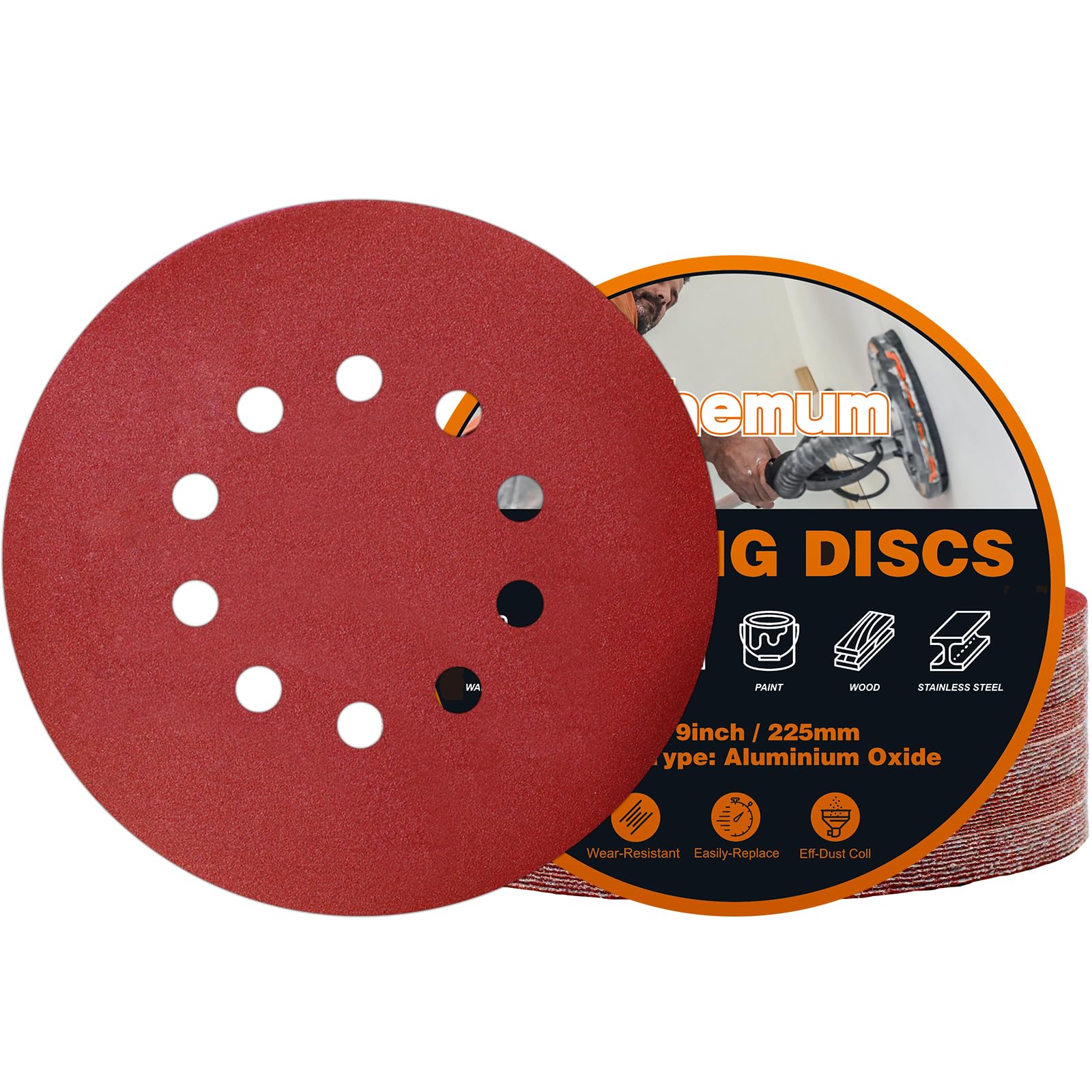 pihemum 30 PCS 225mm Sanding Discs 240 Grit 10 Hole Hook and Loop Drywall Sandpaper for Drywall Sander