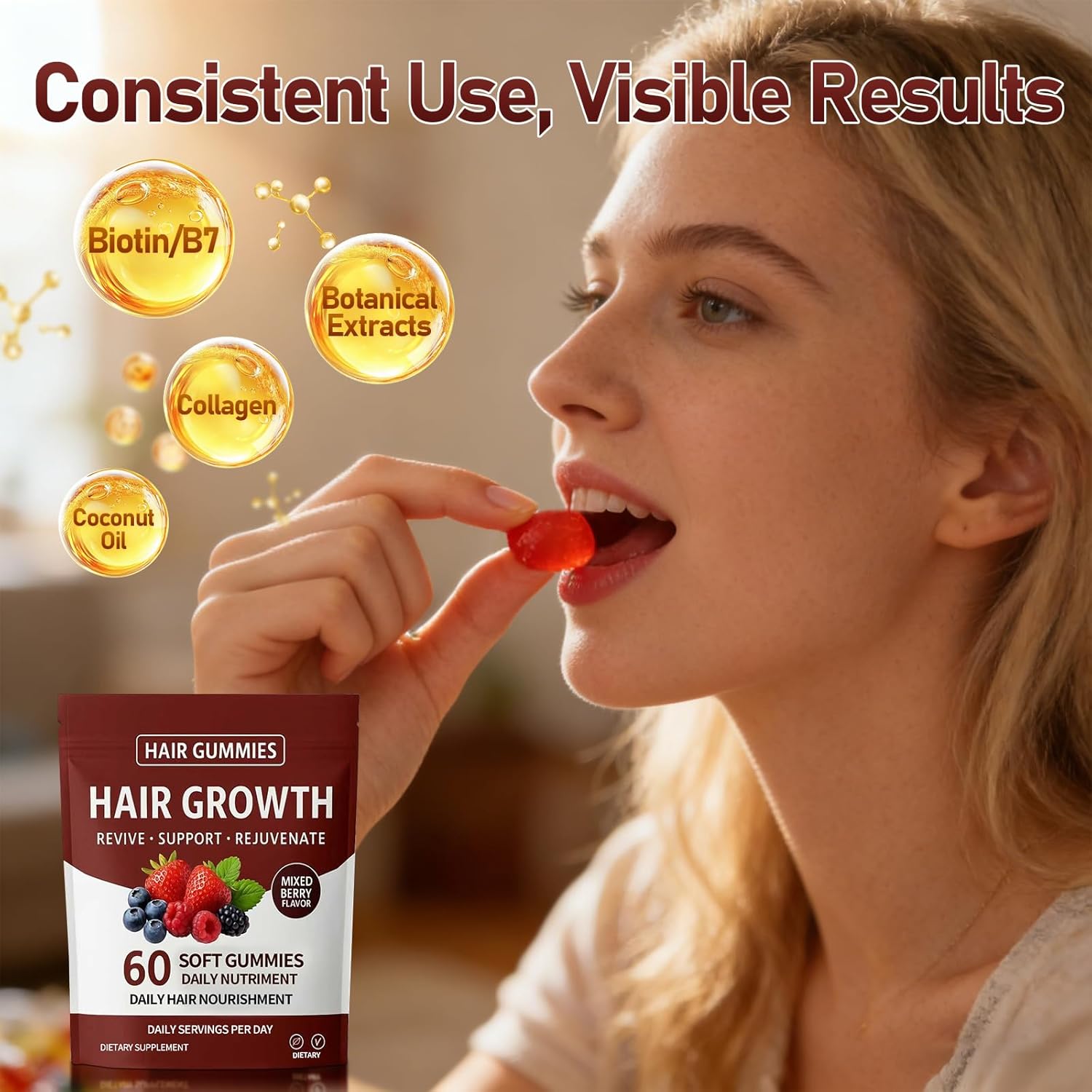 Hair Growth Gummies, Daily Hair Nourishment with Biotin, Collagen & Botanical Extracts, Supports Healthy Hair Growth & Strength, Skin & Nail Care, Non-GMO, 2pack, 120 Gummies
