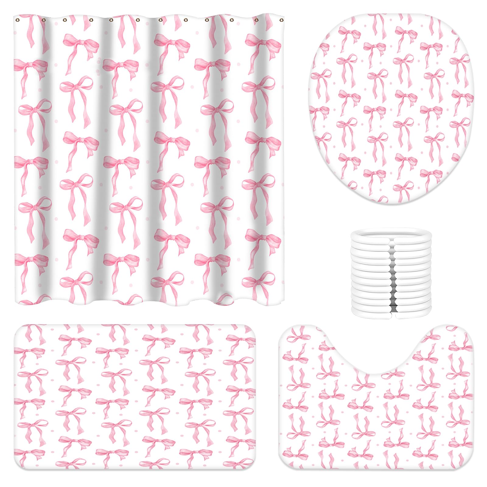 LuLobtg 4 Pcs Bow Shower Curtain Set, Butterfly Knot Bathroom Decor Set with Toilet Lid Cover, Non-Slip Rugs, Absorbent Pads and Waterproof Bathroom Curtains with 12 Hooks for Women(Pink Bow)