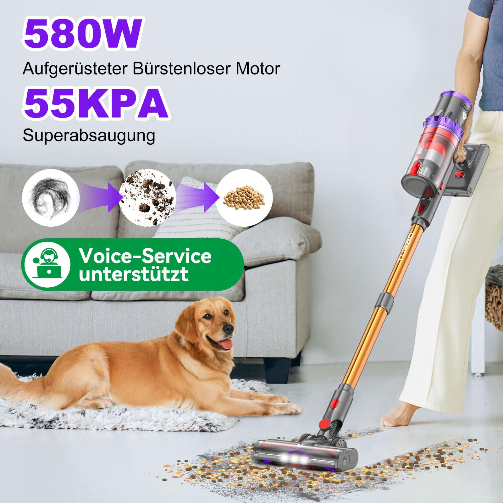 coovy SU7 Akku Staubsauger Kabellos, 55000Pa/580W 75Min Laufzeit Akkustaubsauger mit LED Display & Auto-Stauberkennung, Selbststehend, Akkusauger Vacuum Cleaner für Teppich Tierhaare