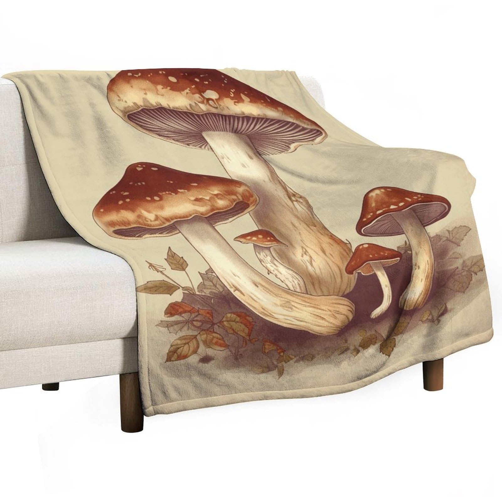Couverture flanelle champignons vintage 178x203cm pour lit et canapé