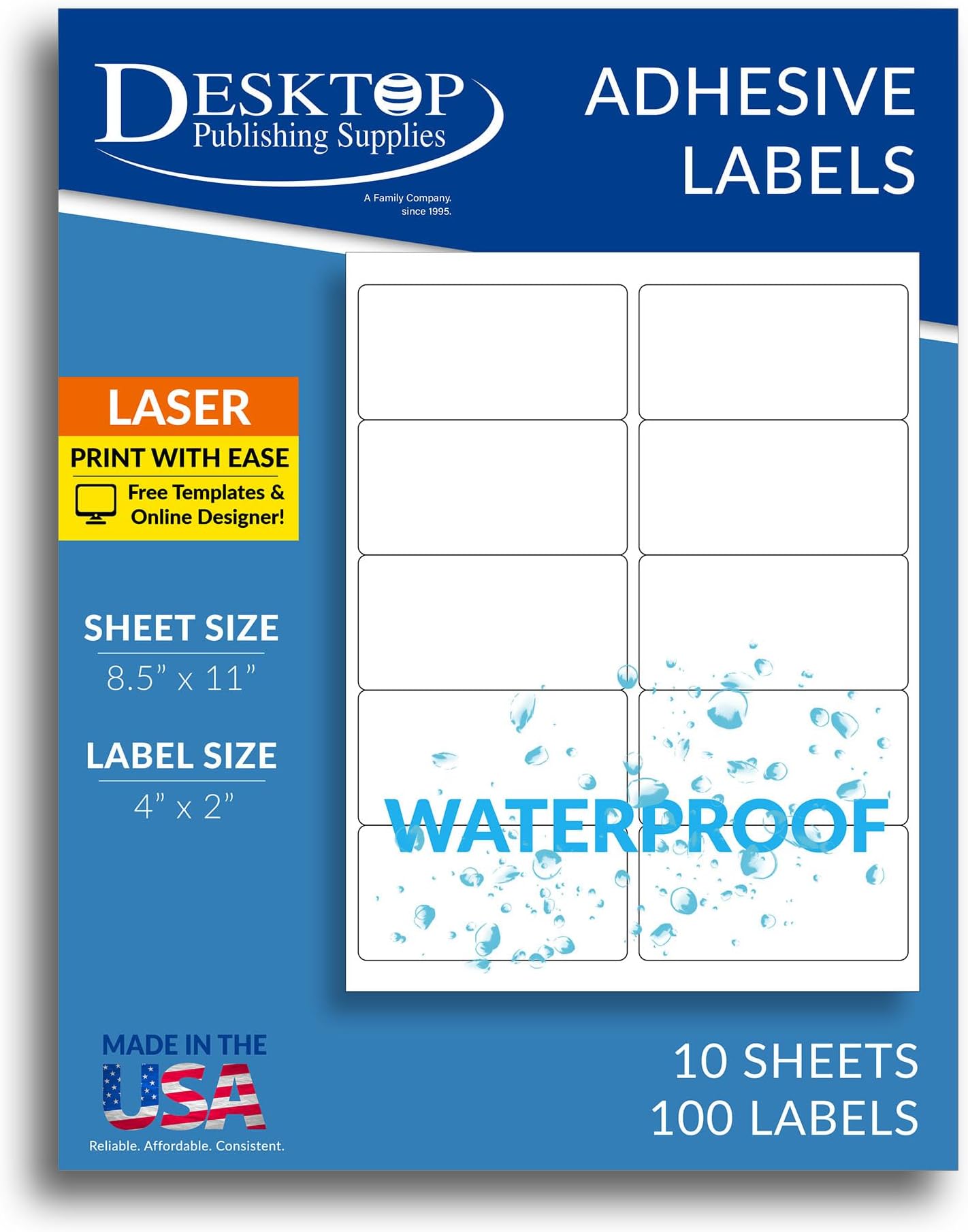 100 Printable Waterproof Labels - 4" x 2" - 10 Sheets (10 Per Page) - Blank Polyester Weatherproof Shipping/Bottle Labels for Laser Printers