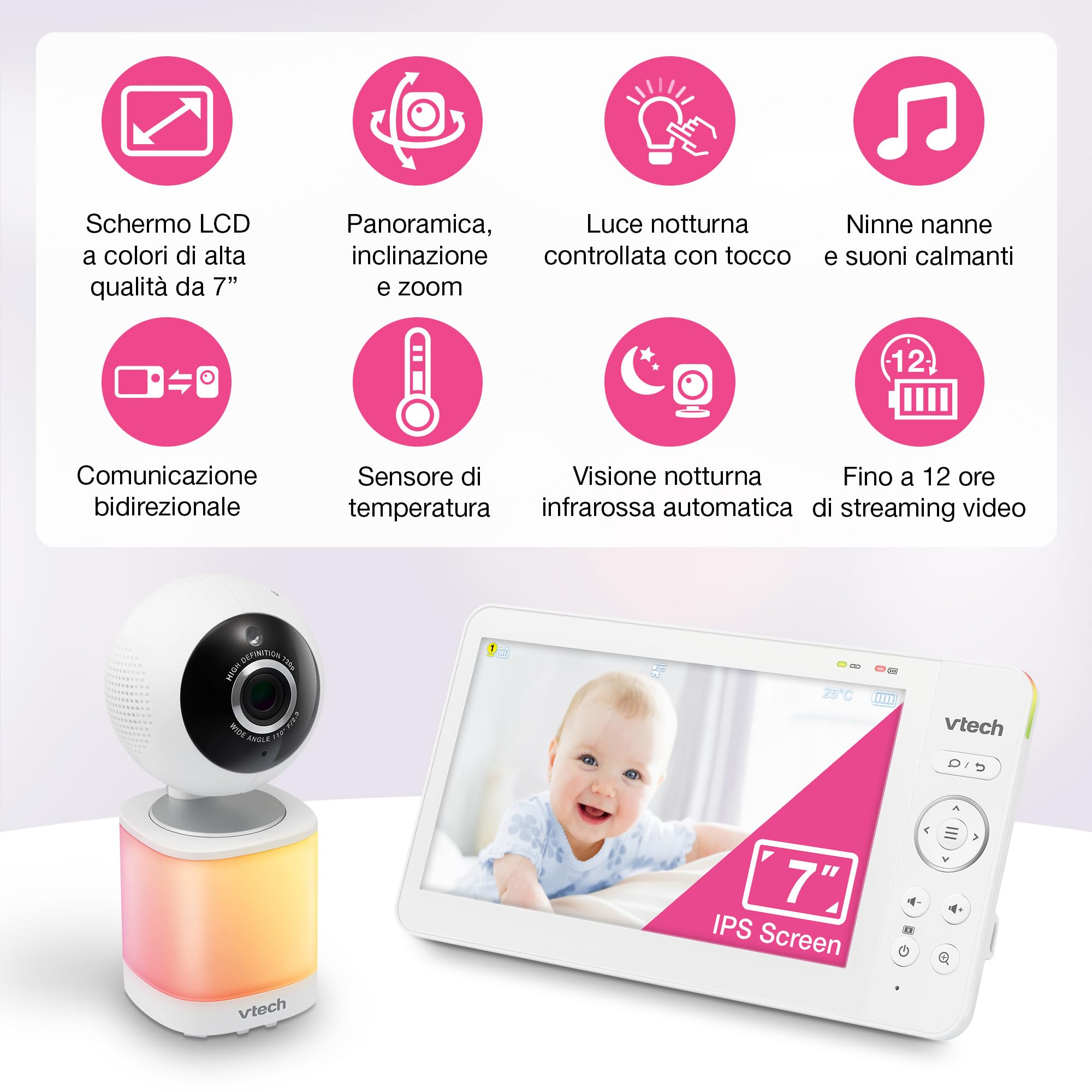 VTech Baby monitor video con schermo LCD a colori da 7", telecamera orientabile con zoom, luce notturna multicolore touch, ninne nanne e suoni rilassanti, Divisione schermo: VM7468