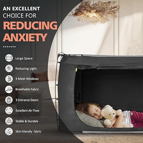 Miniatura 7 de RIYDH Tienda de campaña para cama, toldo de cama tamaño individual para adultos y niños, tienda de campaña portátil de ensueño para interiores, 70%