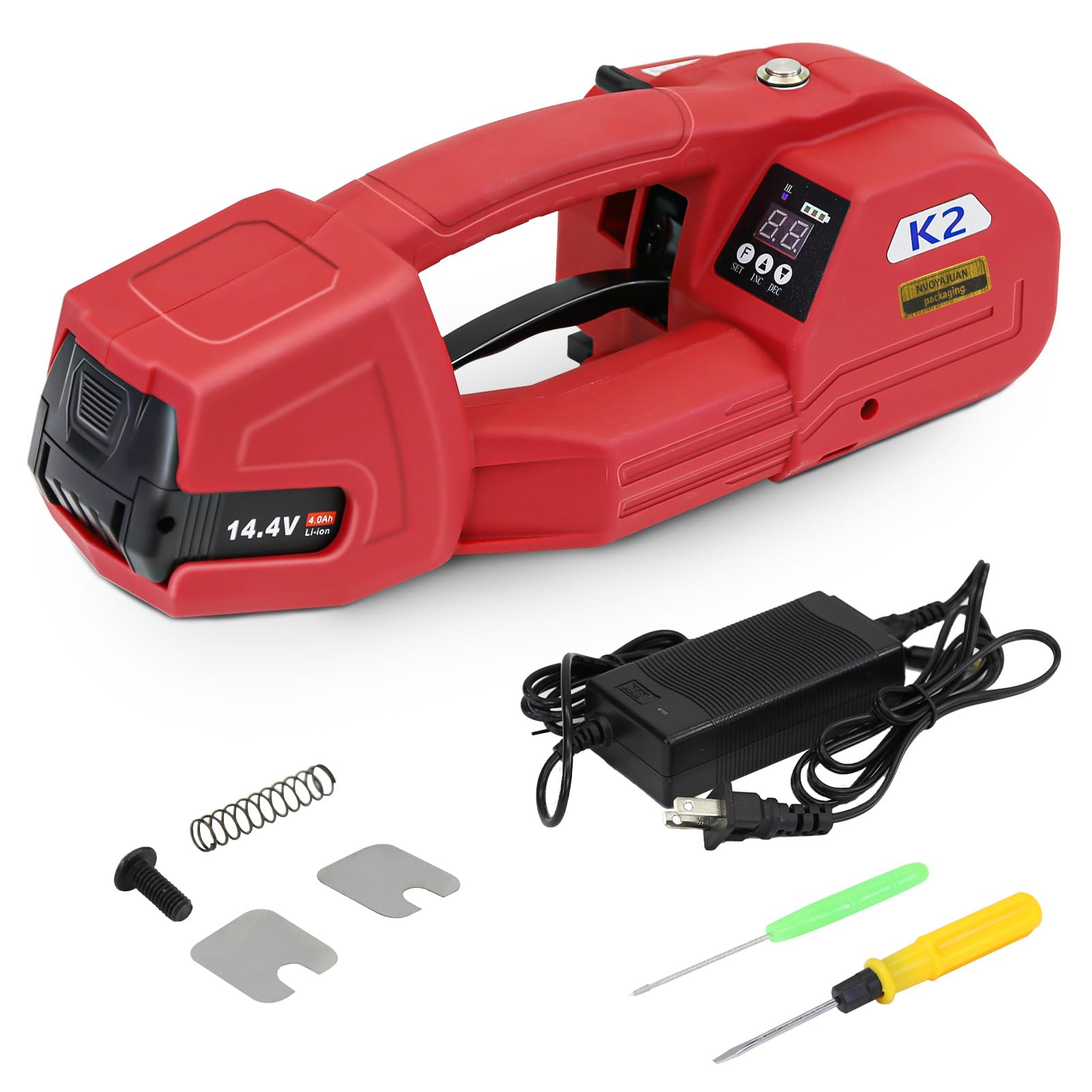 NVOYAJUAN Hand-held Electric Strapping Machine 2 × 4000mAh Batteries, 1/2-5/8in PP/PET Strapping Compatible Hot Melting, Automatic Tensioning Tool for Quick Packaging of Boxes & Pallets(NYJ-K2)