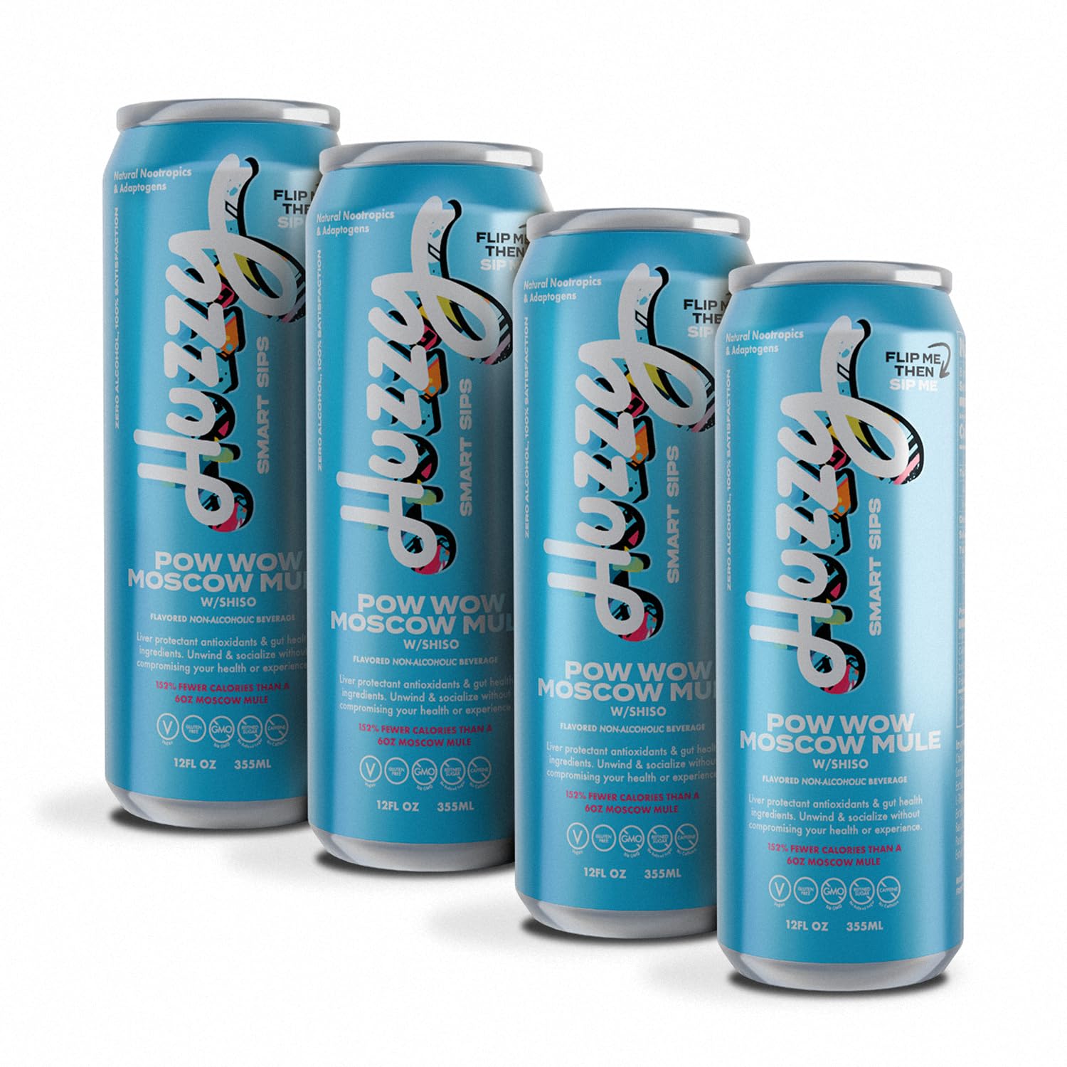 Huzzy Smart Sips Non Alcoholic Drinks - Moscow Mule Inspired Beverage, Alcohol Free Functional Cocktails Alternative - Low Calorie, Low Carb, No Refined Sugar, No Caffeine & Artificial Colors - 4 Pack