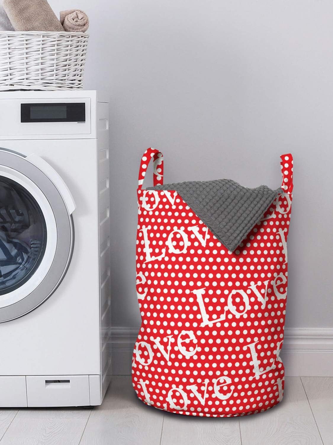 Lunarable Love Laundry Bag, Retro Style Polka Dotted Pattern with Words Romance Valentines Day Theme, Hamper Basket with Handles Drawstring Closure for Laundromats, 13" x 19", Vermilion and White