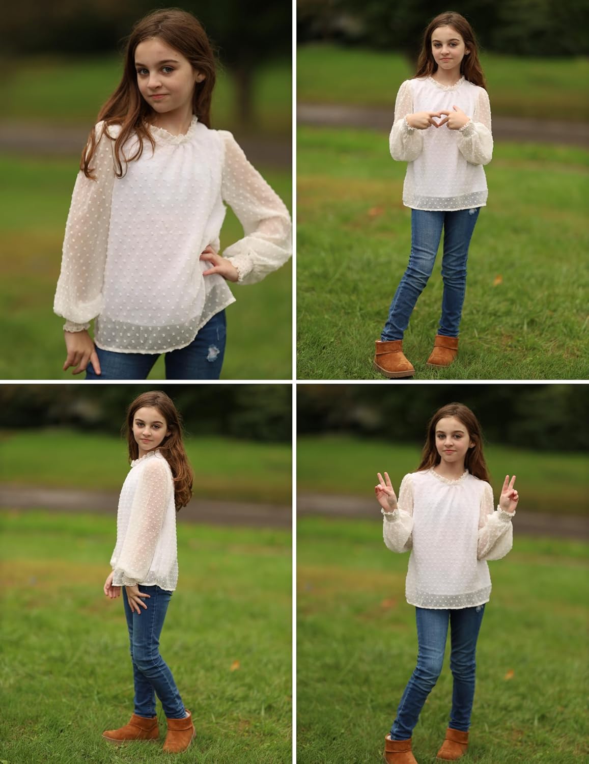 Arshiner Girls Long Sleeve Shirts Chiffon Blouses Swiss Dot Frill Neck Casual Loose Cute Top Tee - Image 6