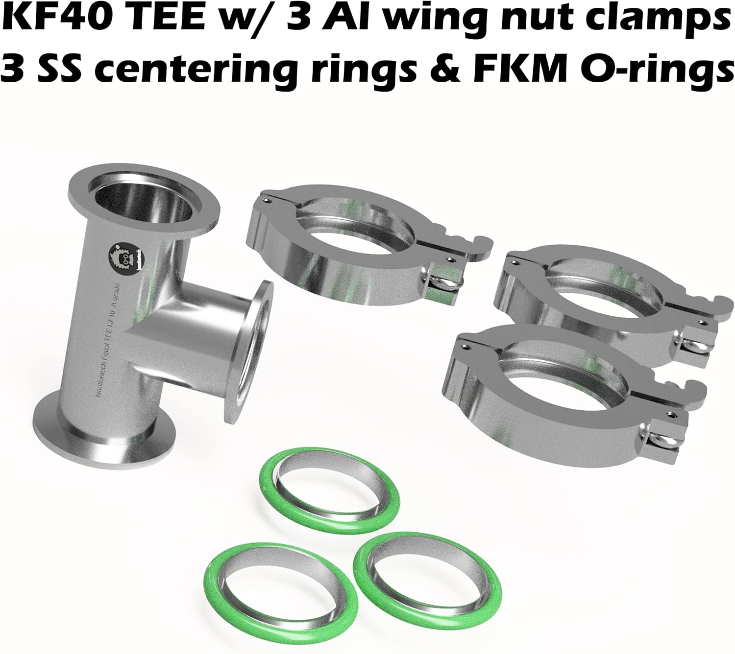 bmotiontech superior grade ISO-KF NW40 KF40 Flange Tee Fitting with 3 sets of Aluminum wing nut clamps & O-rings (KF40 Equal TEE w/ 3 clamps)