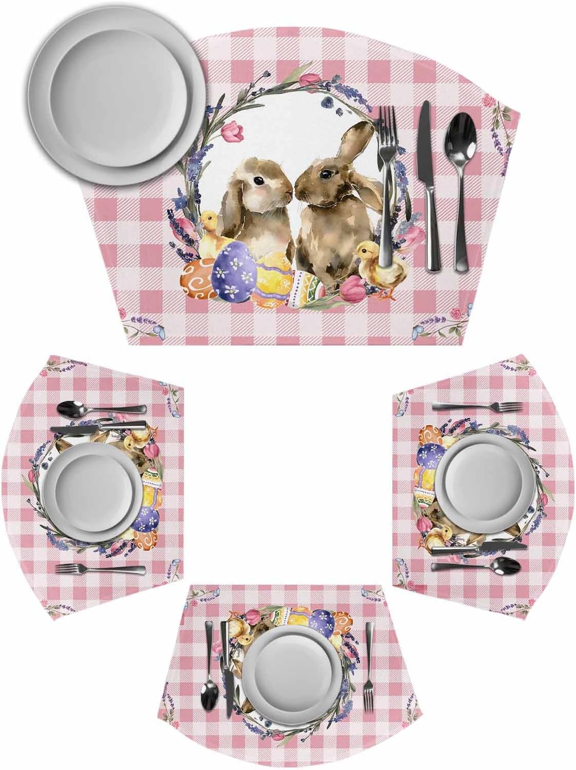 Easter Bunny Round Placemats Set of 4, Spring Easter Eggs Chick Floral Pink Check Placemats for Round Dining Table Shape Wedge Placemat for Outdoor Indoor Wipeable Clean Table Place Mats