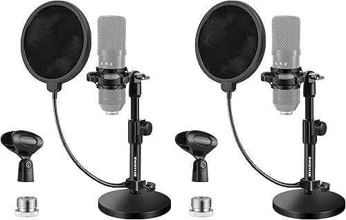 BILIONE Soporte de micrófono de escritorio multifuncional, soporte de micrófono ajustable con filtro pop, soporte de choque, clip de micrófono,