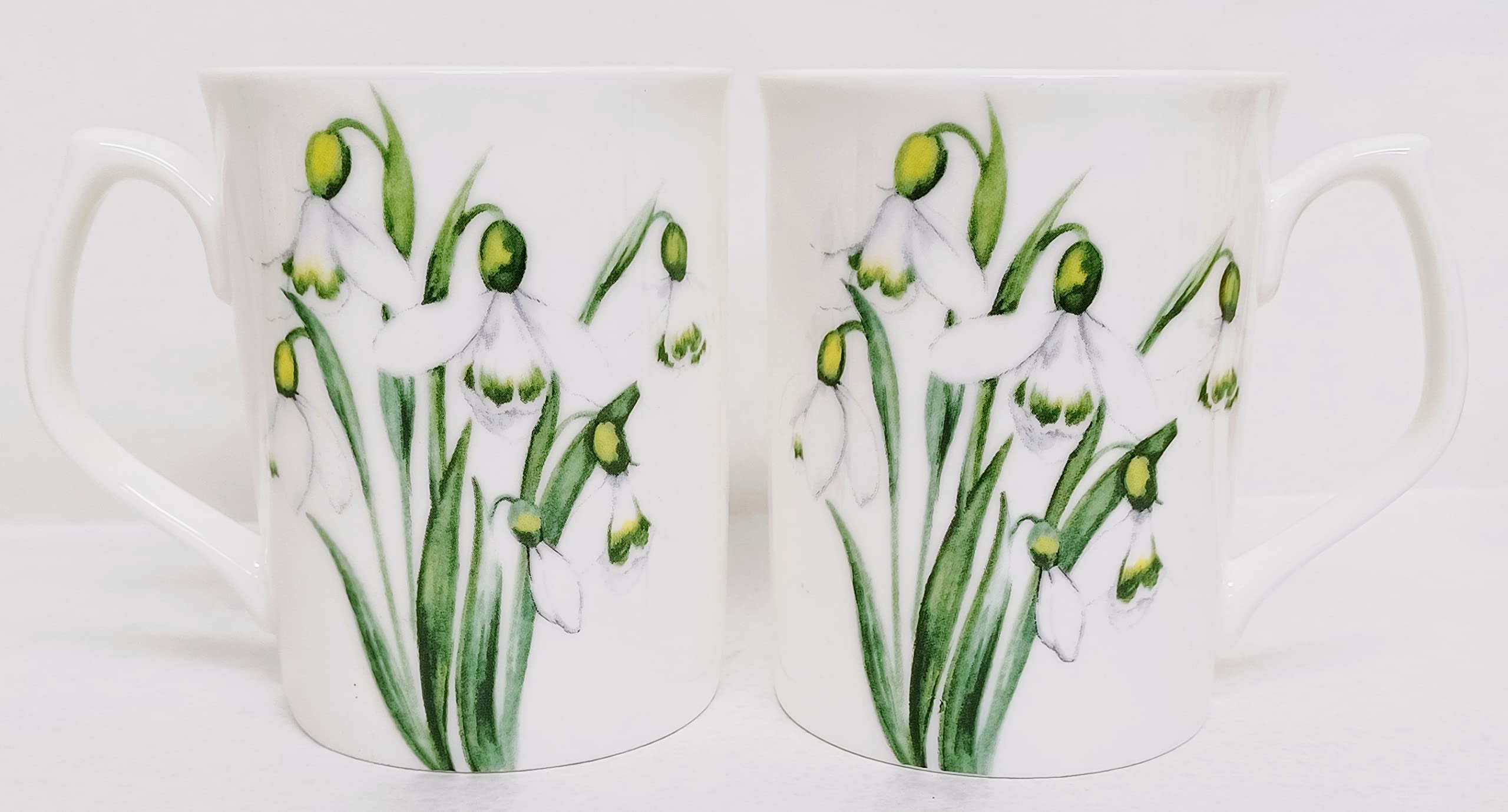 Snowdrop Mugs Set of 6 Bone China White Floral 275 ml 9.5 oz Topaz Cups Hand Decorated in UK