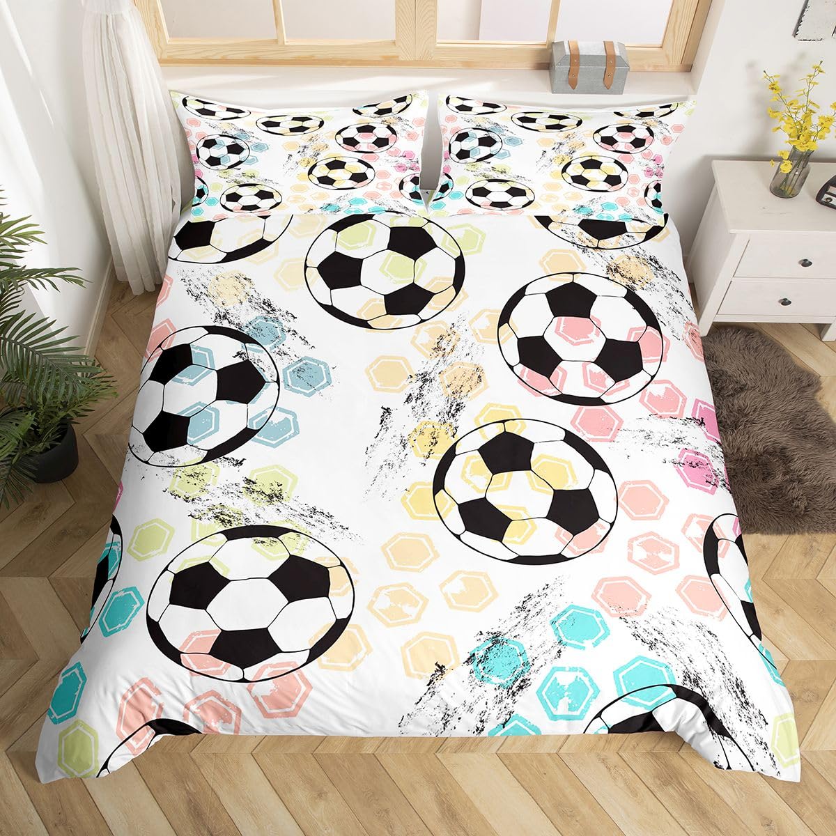 Feelyou Kids Football Bedding Set Sports Theme Comforter Cover for Child Boys Girls Soccer Ball Pattern Duvet Cover Breathable Colorful Grunge Style Bedspread Cover Room Decor Quilt Cover Queen Size