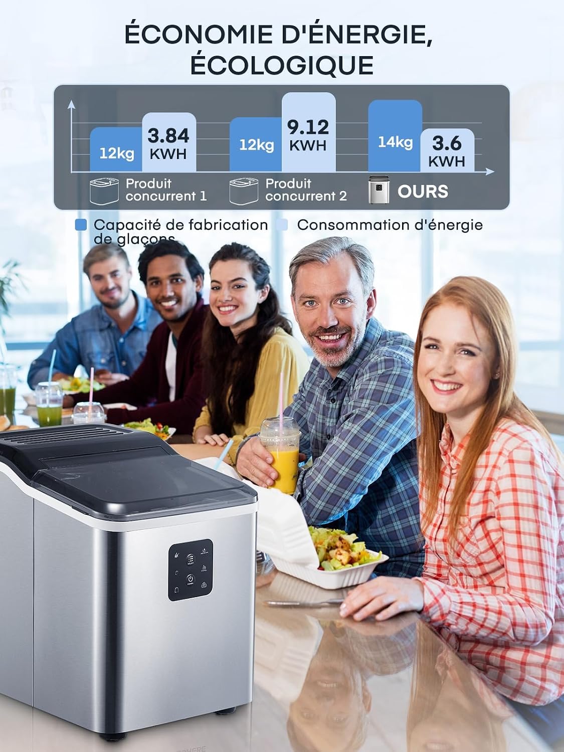 Vue latérale et design compact de la MACHINE à glaçons NORTHCLAN sur plan de travail