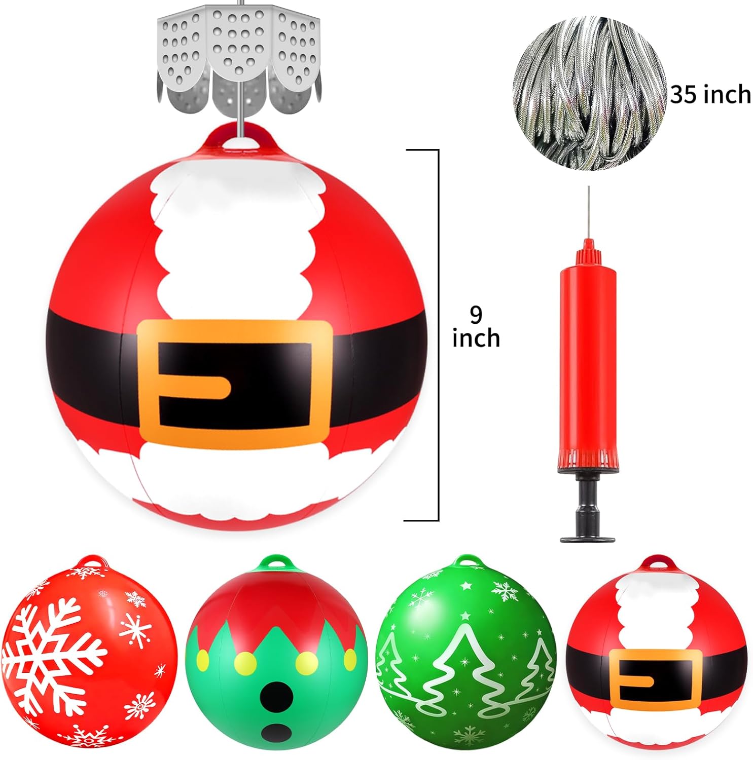 9 Inch Large Inflatable Christmas Balls Outdoor, Blow up Christmas Ornaments Balls with Holiday-Themed Patterns, Decorations for Front Porch, Tree, Yard (8 Pcs)