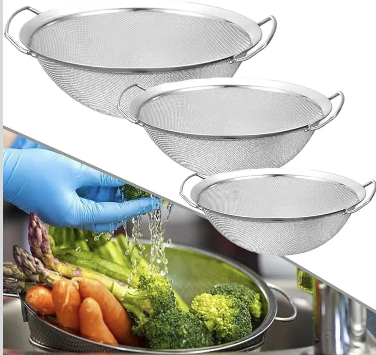 VIVALUXE 3’lü Paslanmaz Çelik Mutfak Süzgeç Seti, İnce Telli Profesyonel Metal Süzgeçler, Küçük Orta Büyük Boy, Dayanıklı ve Hijyenik Tasarım, Makarna, Sebze, Meyve, Bakliyat ve Pirinç Süzme Aparatı.
