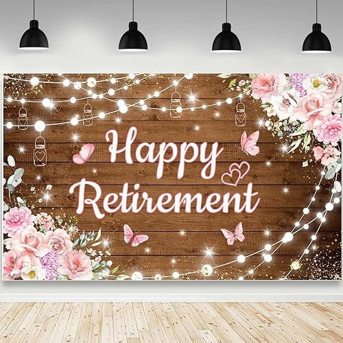 AIBIIN Pink Happy Retirement Backdrop Banner Decorations for Women 6x3.6ft