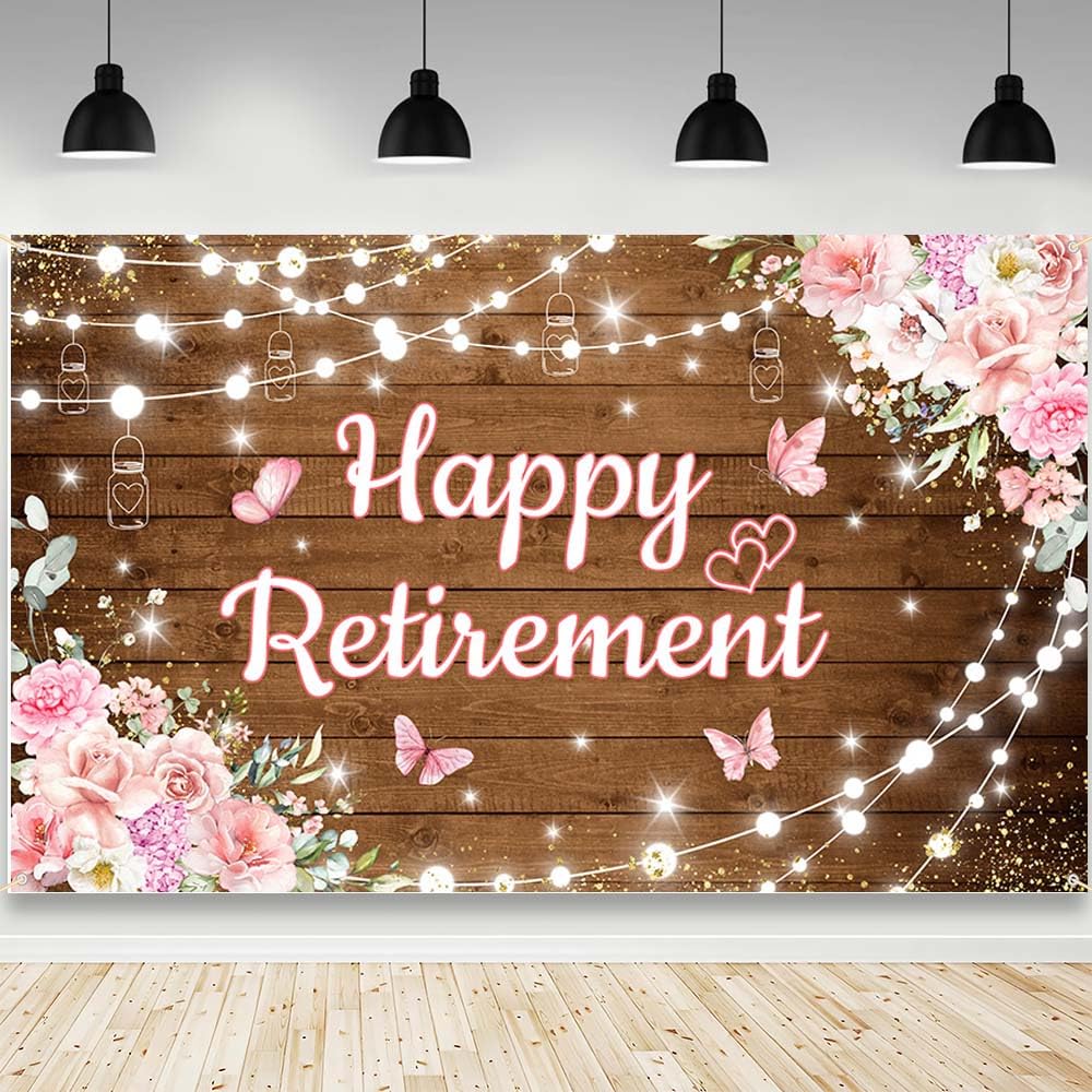 AIBIIN Happy Retirement Backdrop Decorations Pink Retirement Banner for Women Floral Retirements Party Decorations Banner Photo Studio Props 70.8 x
