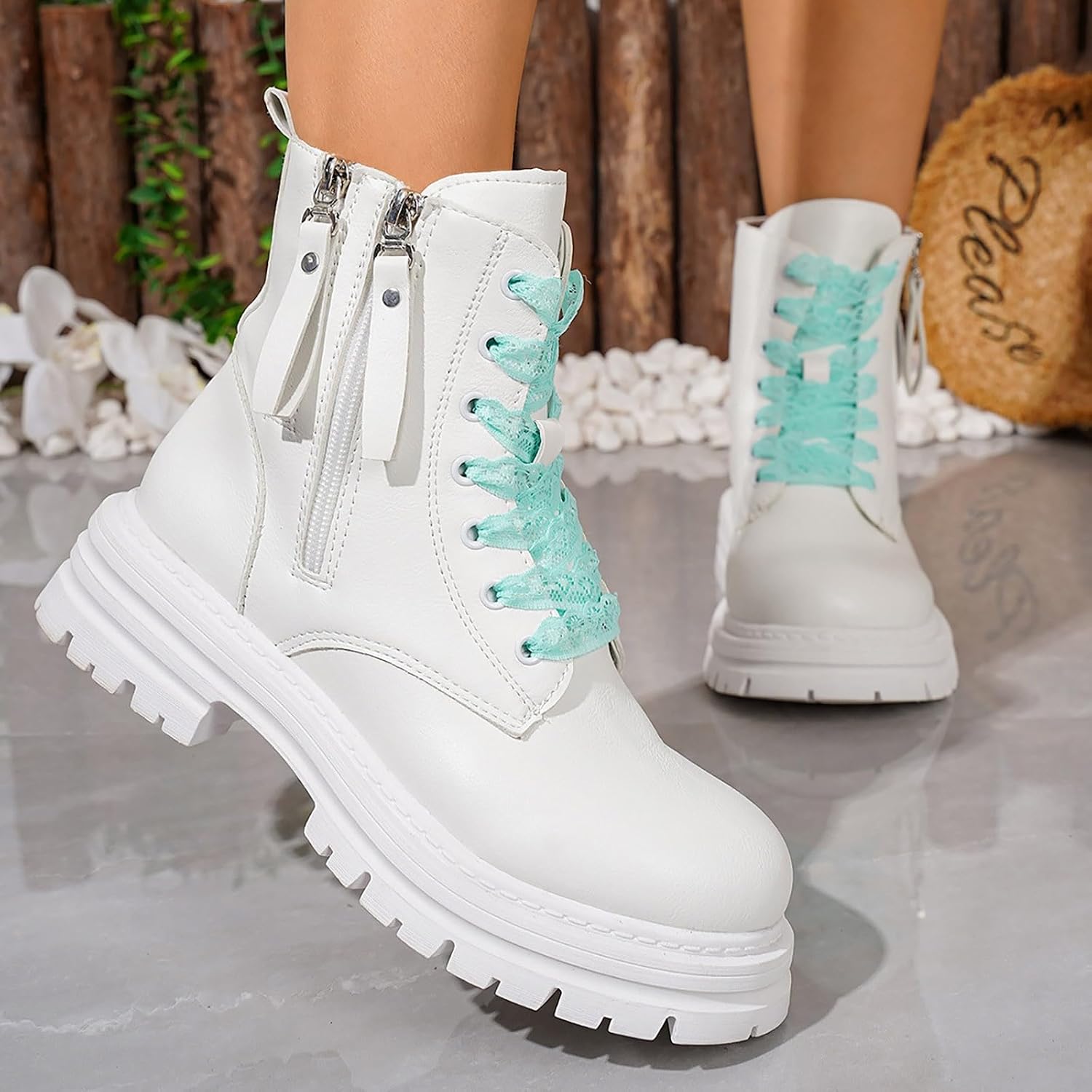 Women Platform Ankle Boots Winter Warm Lace Up Round Toe Booties