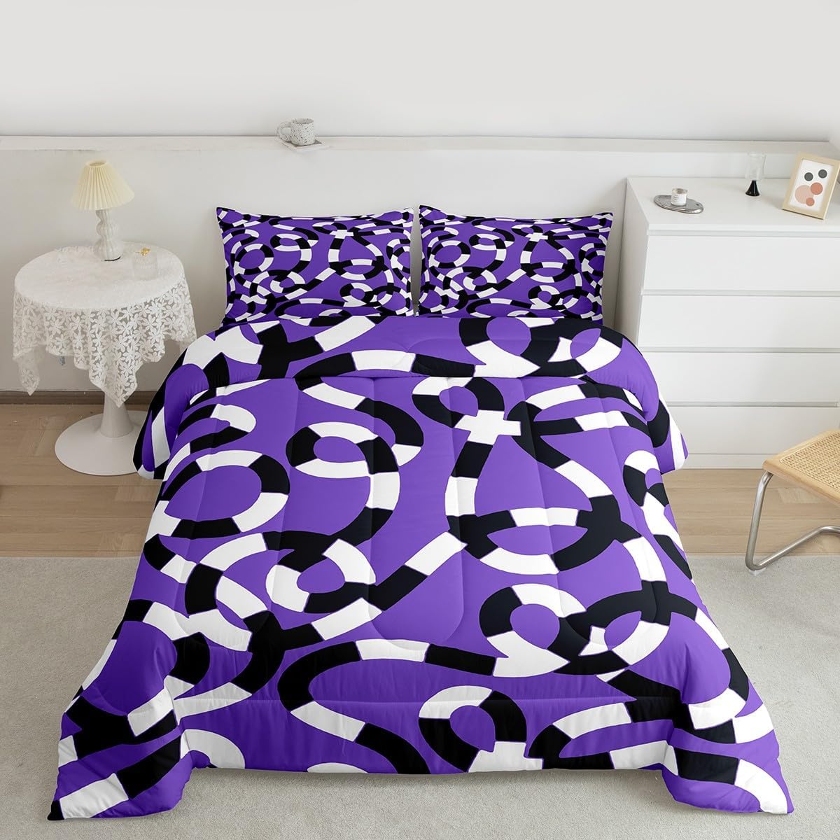 Black and White Stripe Comforter Set Queen Size,Modern Art Bedding Set 3Pcs for Kids Teens Adults Room Decor,Abstract Serpentine Duvet Insert Purplr Fashion Quilted Duvet Sets,2 Pillowcases