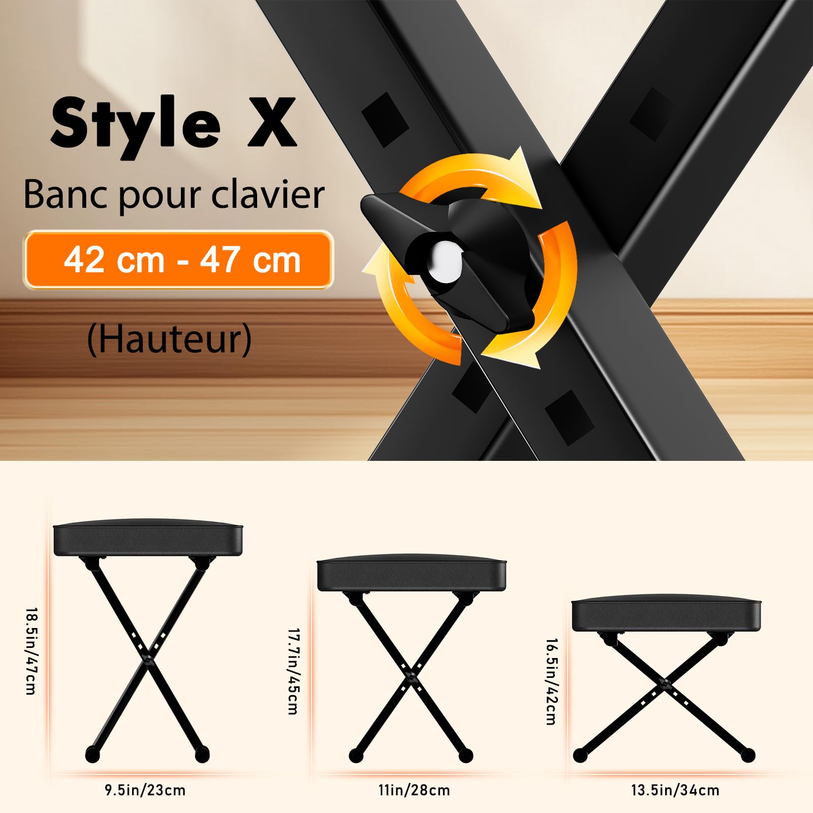 GLEAM Banc de clavier rembourré X-Style réglable en hauteur 36,8 à 47 cm Noir
