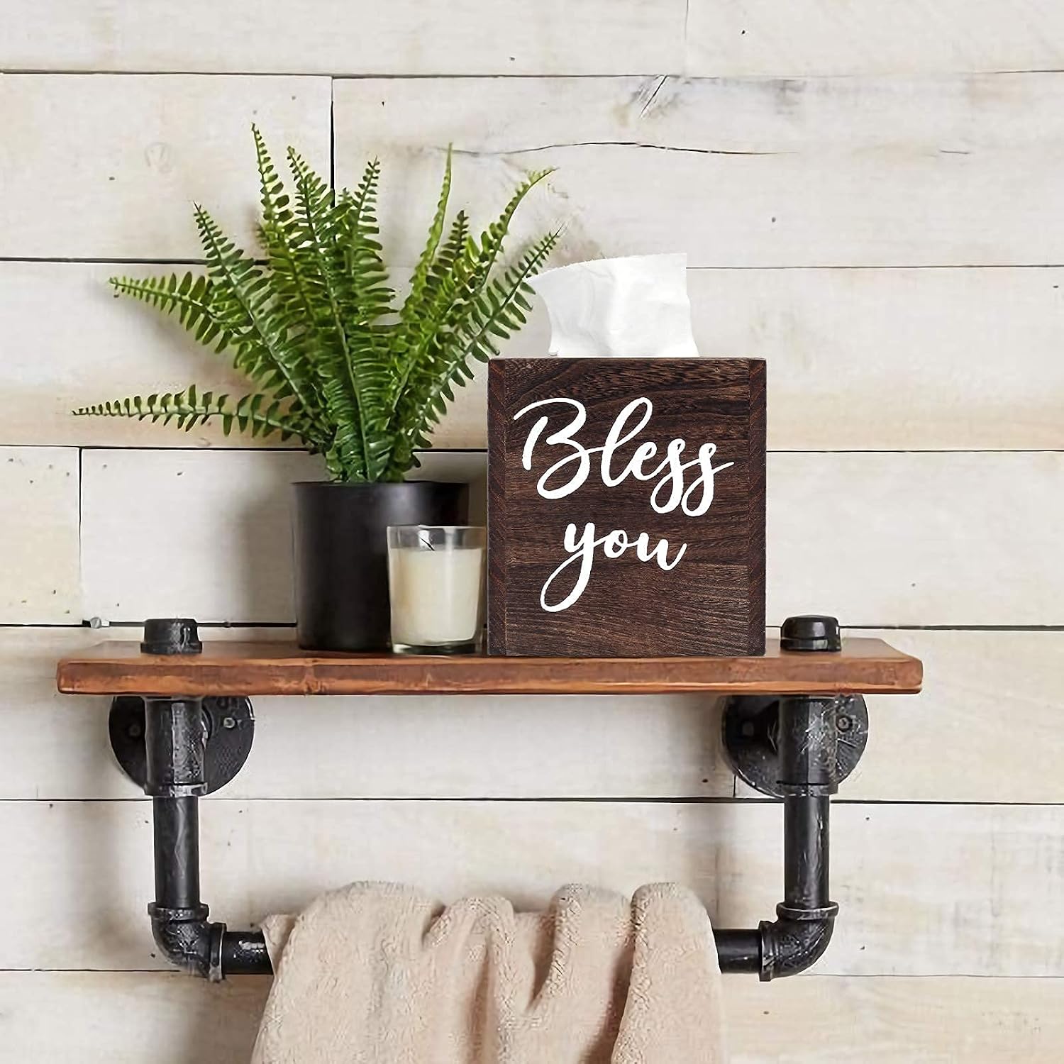 AKKO Wooden Square Whitewashed Tissue Box Cover Bless You Rustic Tissue Holder for Bathroom, Bedroom, Living Room,Vintage Farmhouse Decor