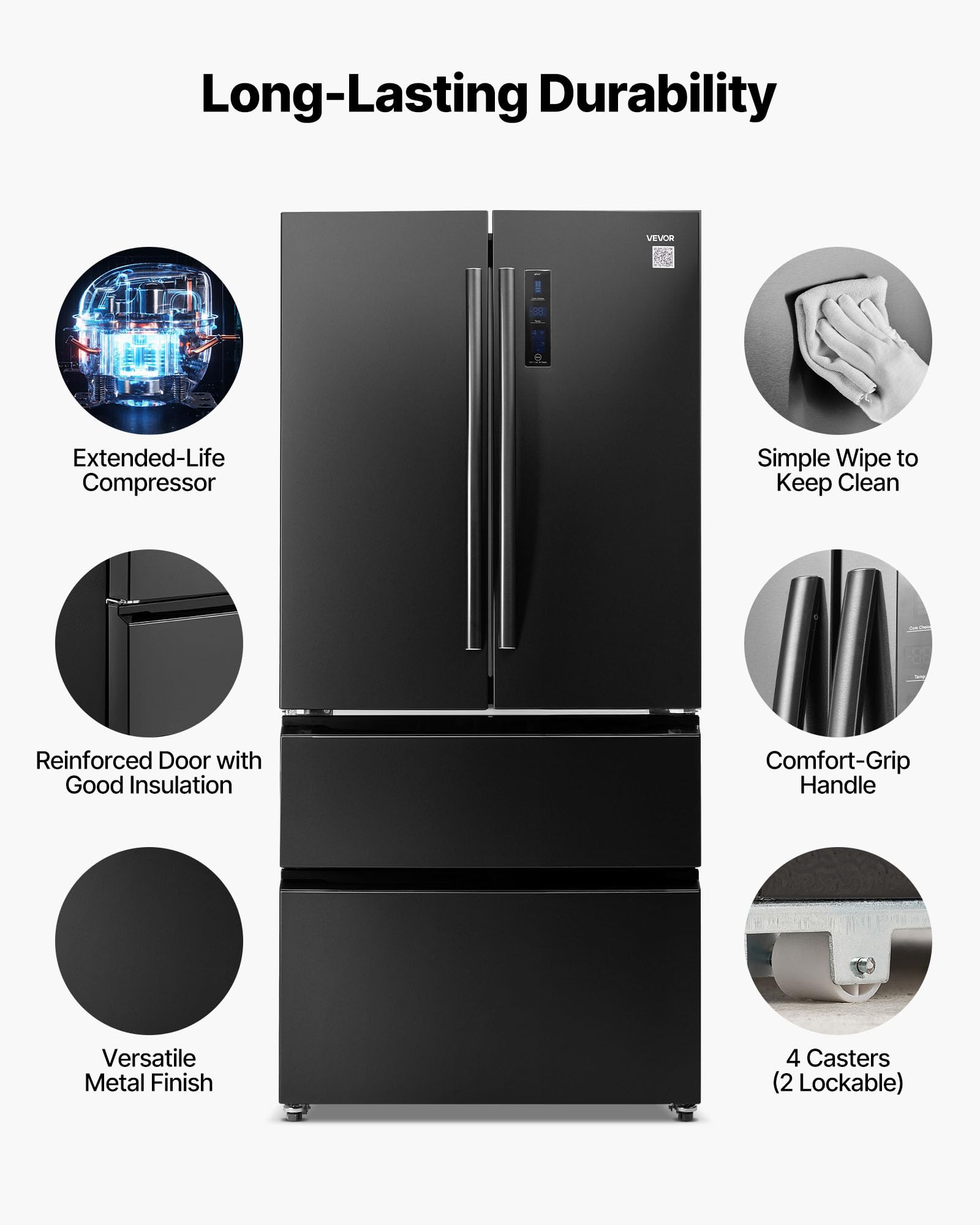 VEVOR French Door Refrigerator, 18.9 Cu. Ft. Kitchen Fridge, Counter Depth French Refrigerator With LED Display And 4 Casters, Frost-Free Bottom Freezer Refrigerators For Home & Commercial Use, Black on Fridge.com - View 5