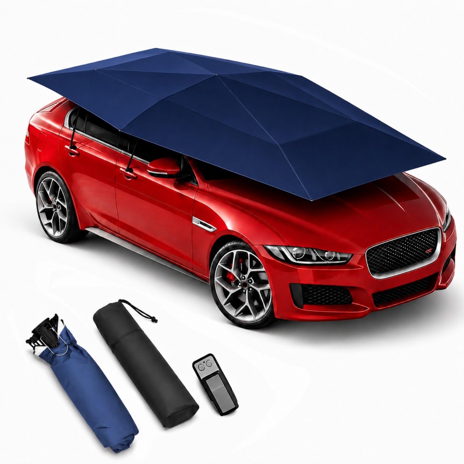 HCAUYNN Automatic Car Umbrella, Portable Car Shelter with Remote, Car Canopy Sun Shade Cover for Outdoor Parking, Waterproof Car Tent with Fibreglass Frame, Anti-Theft Rope Blue-4.2m