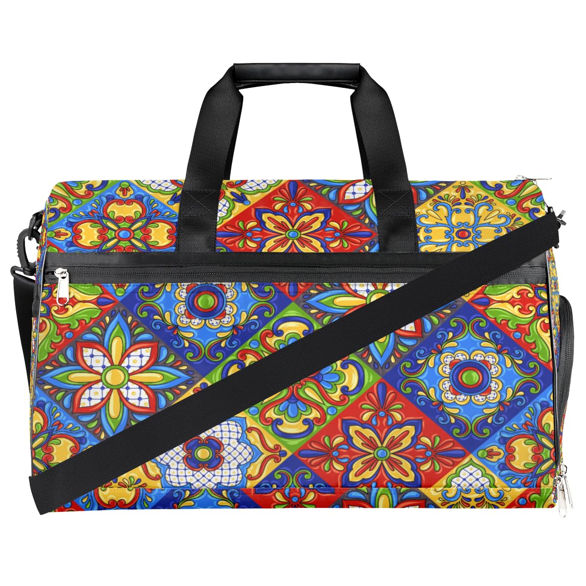 Talavera Travel Duffel Bag, Mexican Talavera Bird Sports Tote Gym Bag with Wet Pocket & Shoes Compartment Foldable Weekender Bag Workout Bag Carry on Luggage Handle Bag Overnight Bag for Women Men
