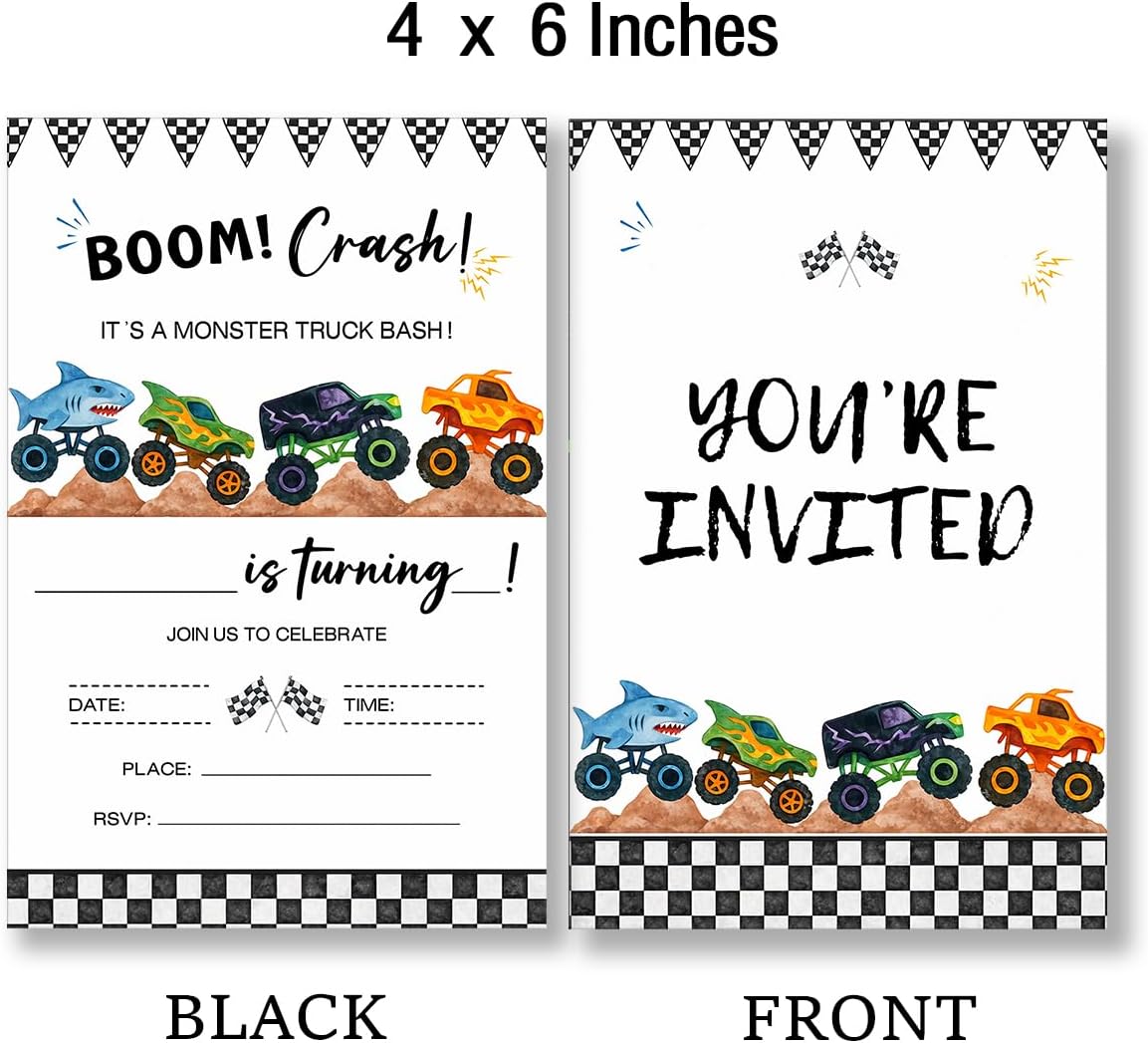 Monster Truck Birthday Invitations for Boys, Boom Crash Checkered Truck Birthday Party Invites (20 Cards with Envelopes) Double Sided Design