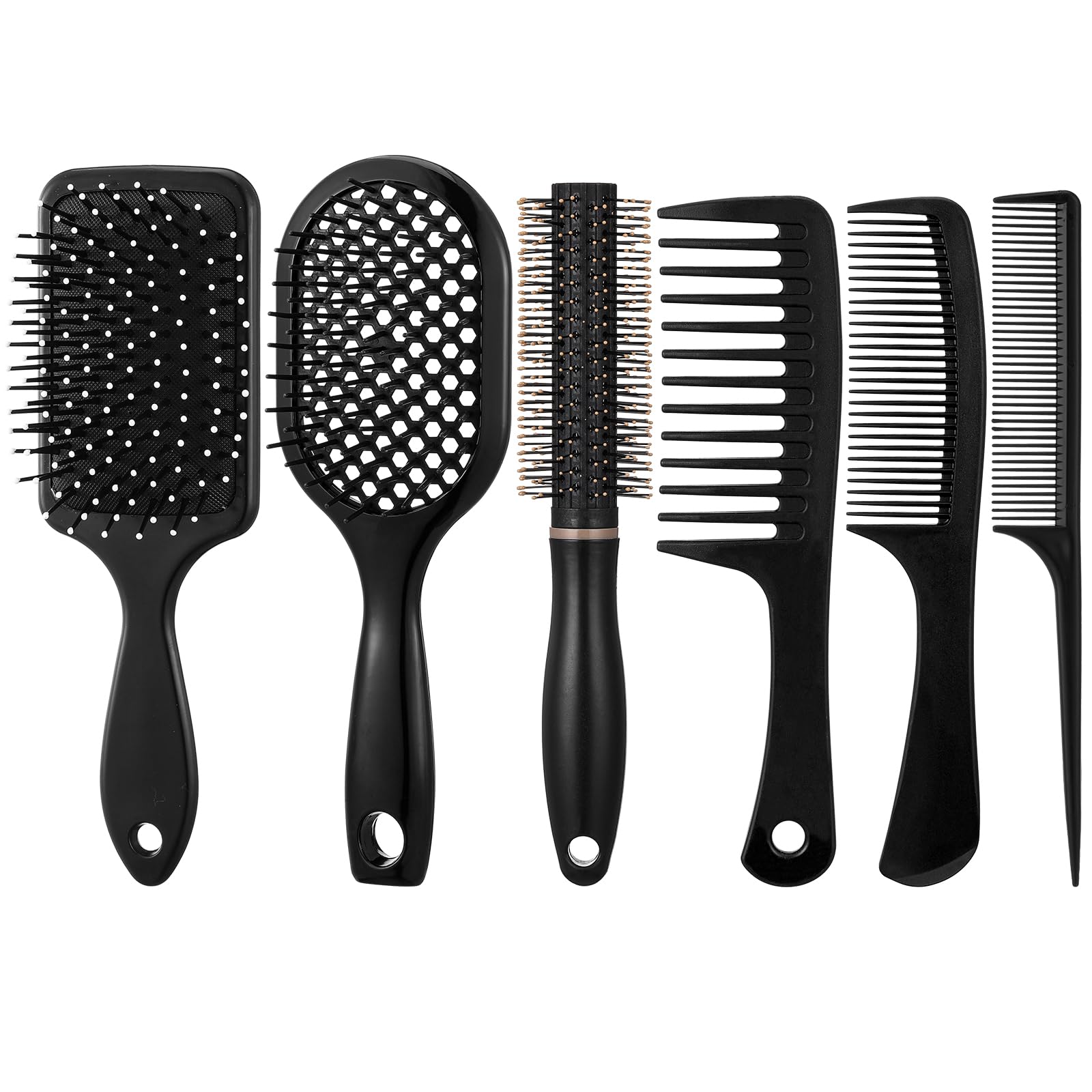 6Pcs Hair Brushes for Women Hair Comb Set Detangler Brush for Men and Women Wet Dry Curly Straight Hair Black