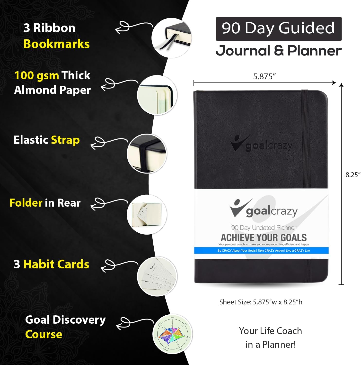 Undated Planner – 90 Day Guided Journal & Productivity Organizer, A5 Daily & Weekly Planner 2025 2026 with Goal Setting, Habit Tracker, To Do List, Academic & Work Calendar, Leather Hardcover - Black