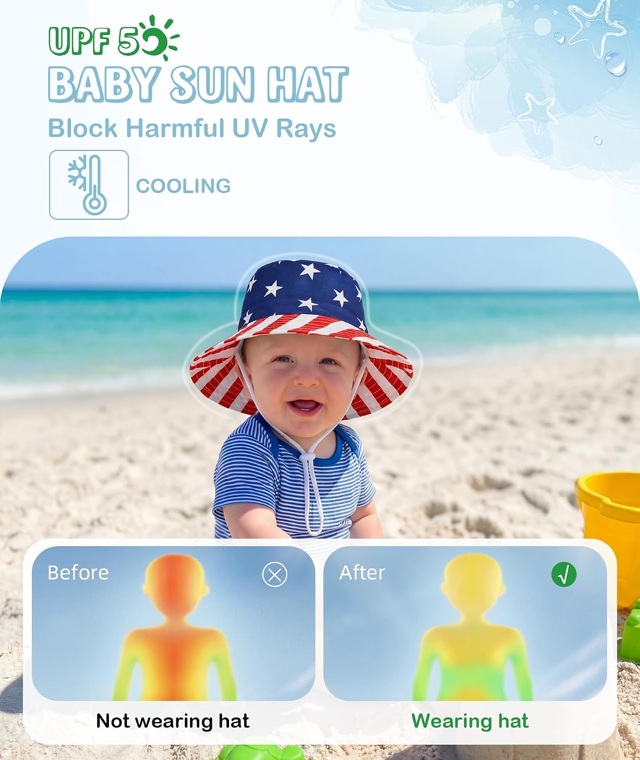 Baby Sun Hat UPF 50+ Wide Brim-Adjustable Baby Boy Bucket Hats Cute Toddler Beach Hats Summer Outdoor Play for Boys Girls