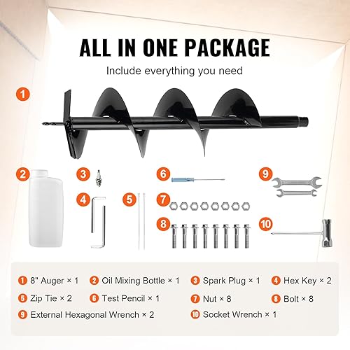 Miniatura 6 de VEVOR Excavadora de agujeros para postes, 43cc 1250W Auger Hole Digger, excavadora de tierra a gas con broca de taladro de tierra de 8 pulgadas,