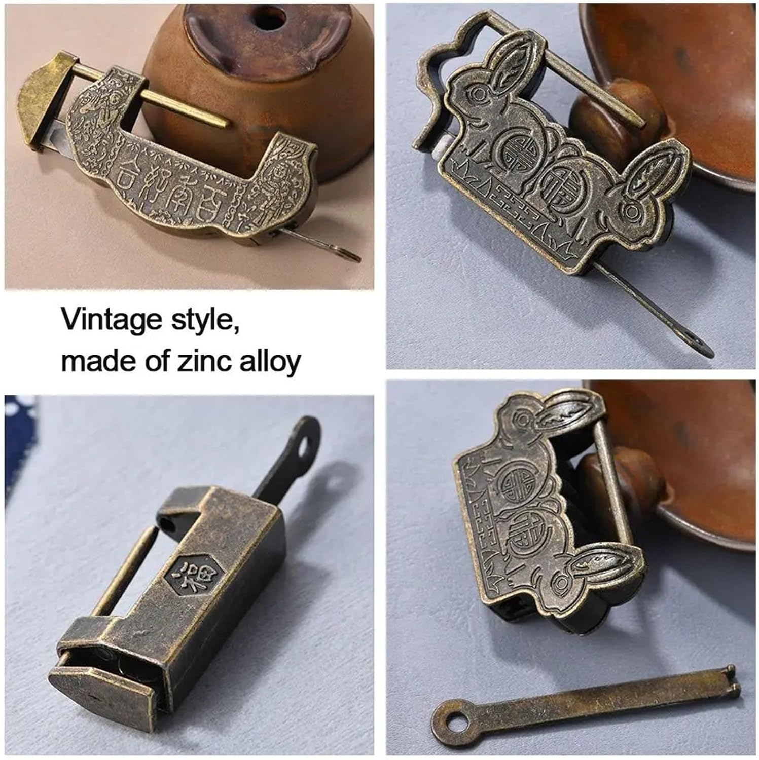 Old Style Lock with Key Retro Bronze Padlock Zinc Alloy Decorative Small Lock Head for Wooden Box Jewelry Storage Box 1Pcs(9)