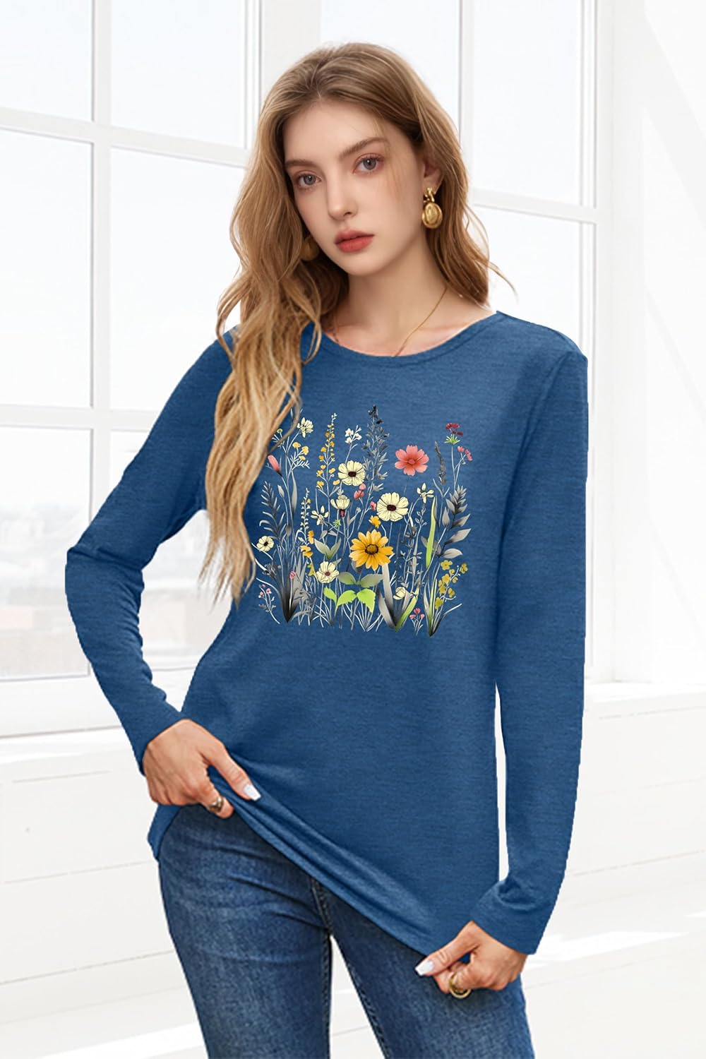 Women's Vintage Floral Long Sleeve T Shirt Boho Floral Printed Shirt Wildflower Graphic Tee Casual Tops - Image 5