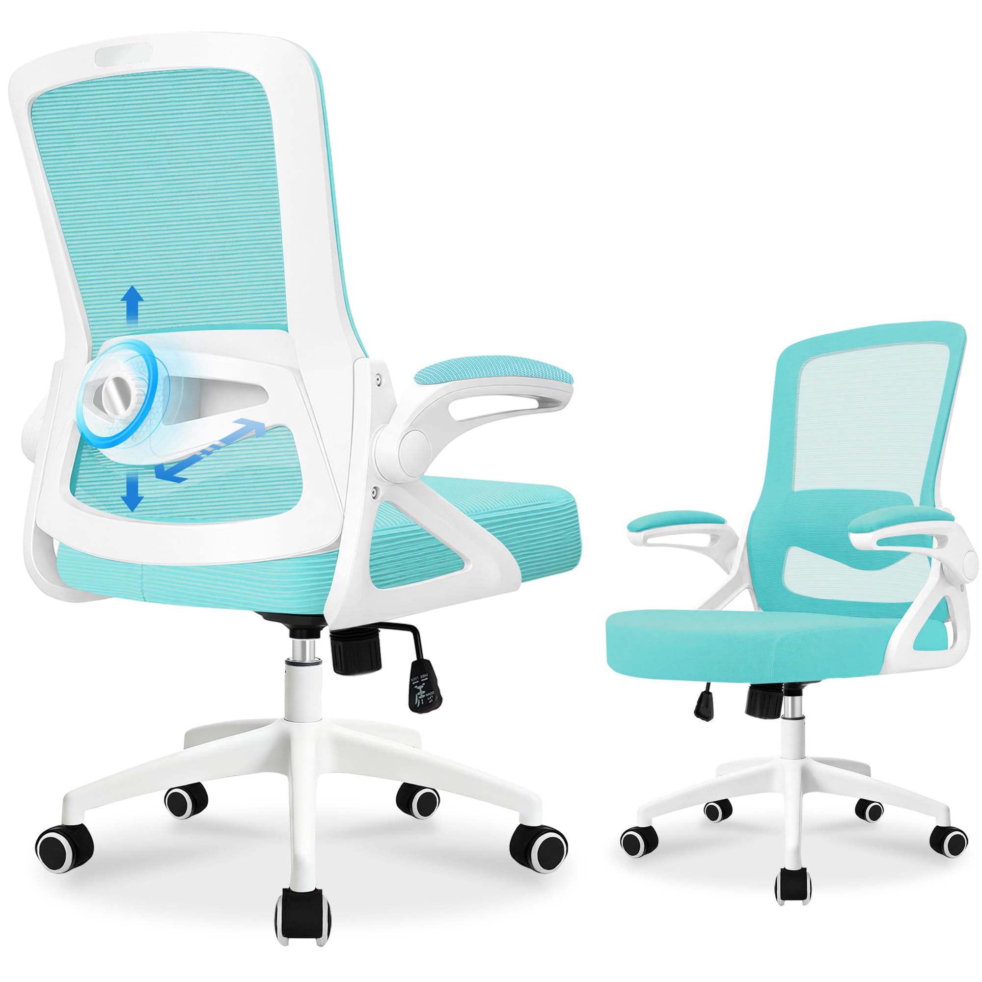 Durrafy Ergonomic Office Chair, 4D Lumbar Support Mesh Desk Chair with 90° Folding Armrests, 150kg Load Height Adjustable Computer Chair for Home Office Green