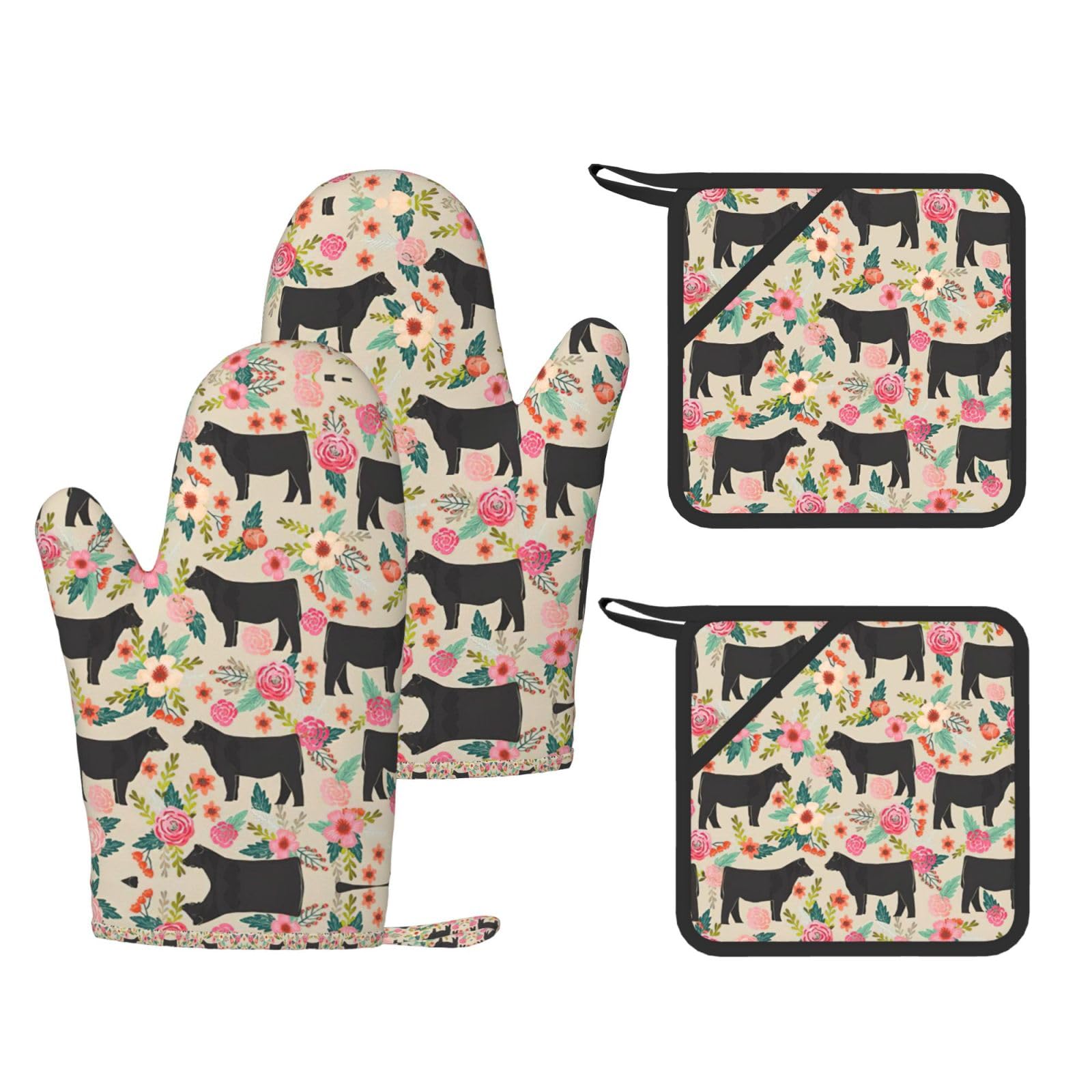 Pink Flower Show Steer Cows Cattle Printed Oven Gloves and Hot Pads Set of 4, High Heat Resistant Silicone Mitts for Cooking BBQ