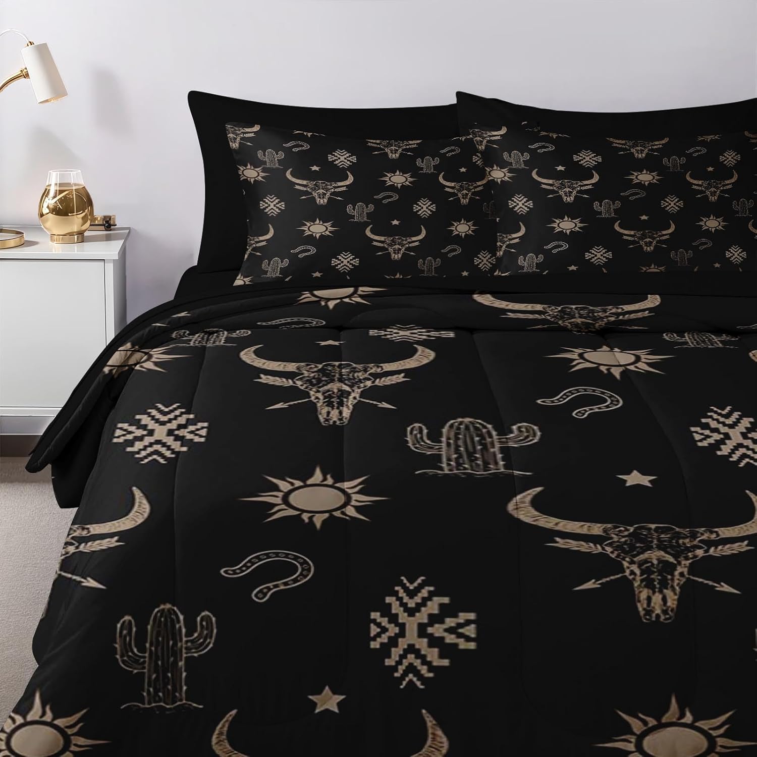 Nesker 7 Pcs Comforter Set Queen Size, Western Cow Skull Bedding Set for Kids and Adults, Tropical Western Cactus Bed Sheet Sets with Fitted Sheet 2 Pillowcases & 2 Shams