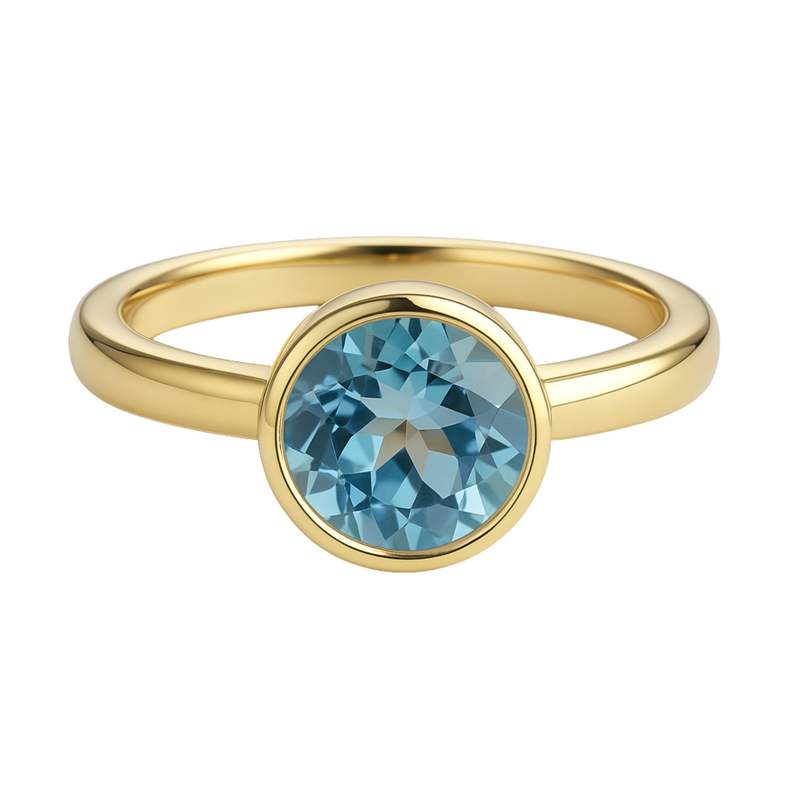 Anillo Redondo De Plata De Ley Con Baño De Oro Y Topacio Azul