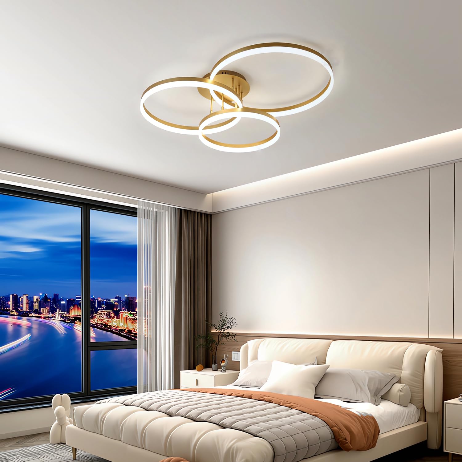 Moderner Led Deckenleuchte Dimmbar Wohnzimmerlampe Verstellbare Runde Deckenlampe mit Fernbedienung 75W 3-Ring Schlafzimmer Decke Licht Bürobeleuchtung für Küche Esszimmer (Gold, L80cm)
